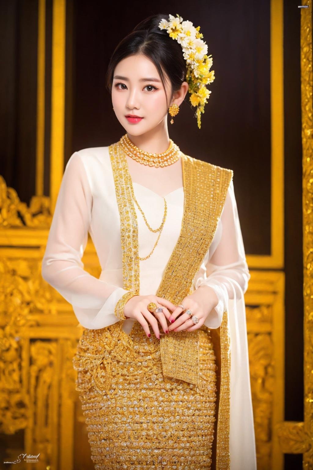 <lora:Myanmar_Traditional_Costume:1>,myanmar_dress,looking at viewer,cowboy shot, myanmar_dress, 1girl, solo, jewelry, realistic, black hair, earrings, ring, dress, hair ornament, flower