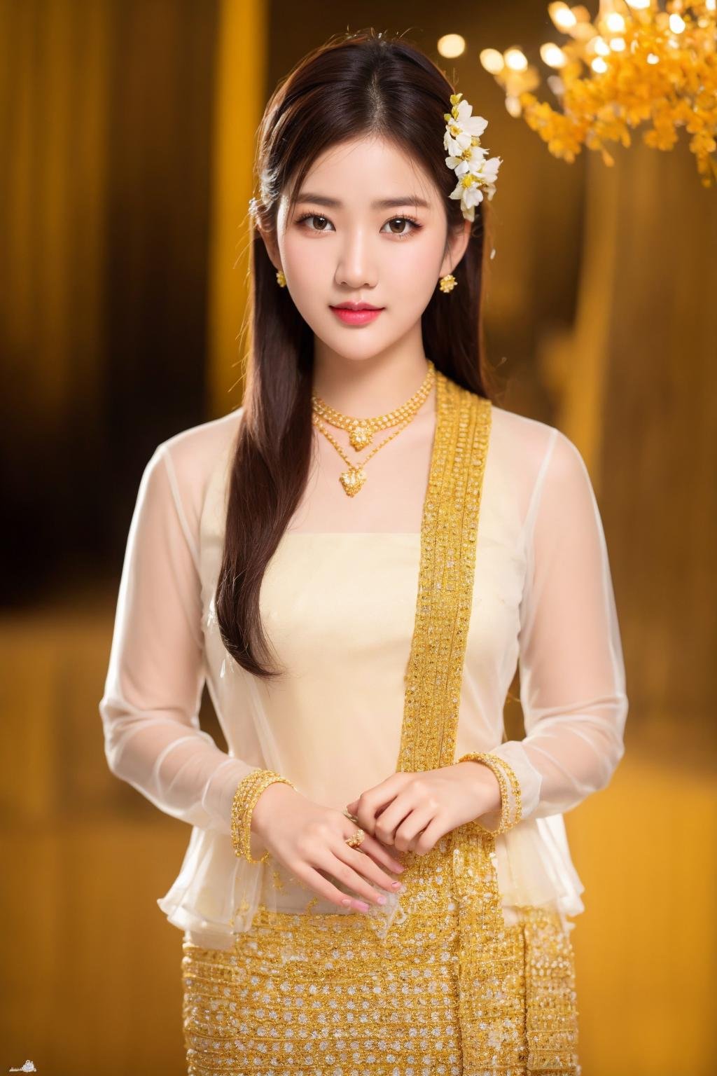 <lora:Myanmar_Traditional_Costume:1>,myanmar_dress,looking at viewer,cowboy shot, myanmar_dress, 1girl, solo, jewelry, realistic, bracelet, flower, necklace, dress, brown hair, looking at viewer