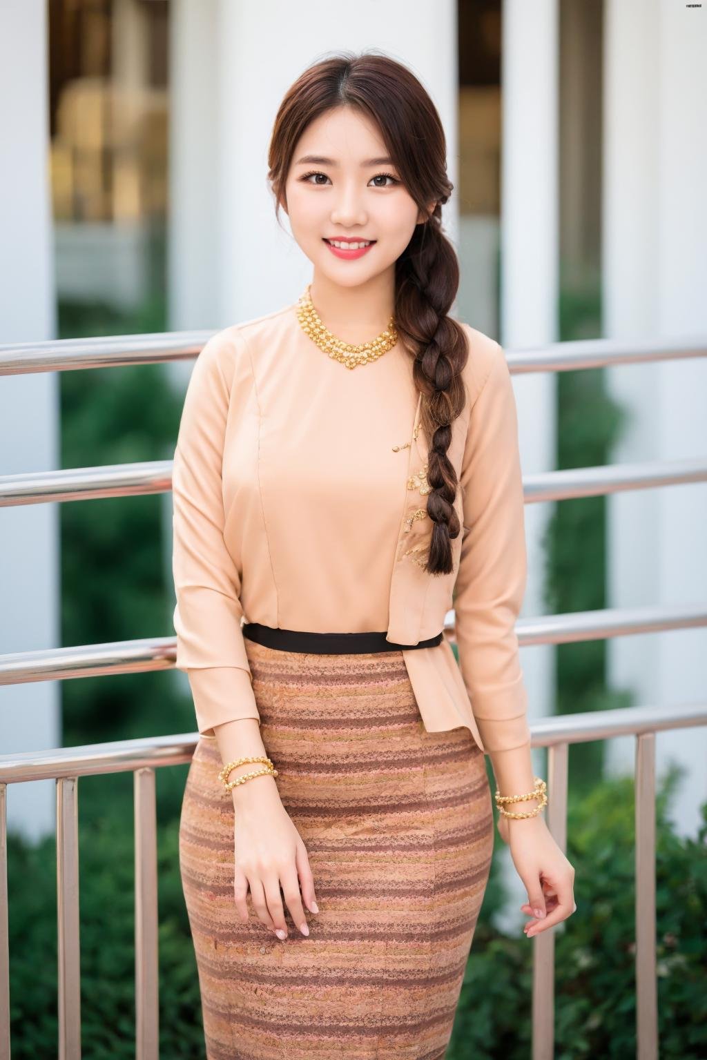 <lora:Myanmar_Traditional_Costume:1>,myanmar_dress,looking at viewer,cowboy shot, myanmar_dress, 1girl, solo, braid, jewelry, railing, bracelet, skirt, column, brown hair, smile