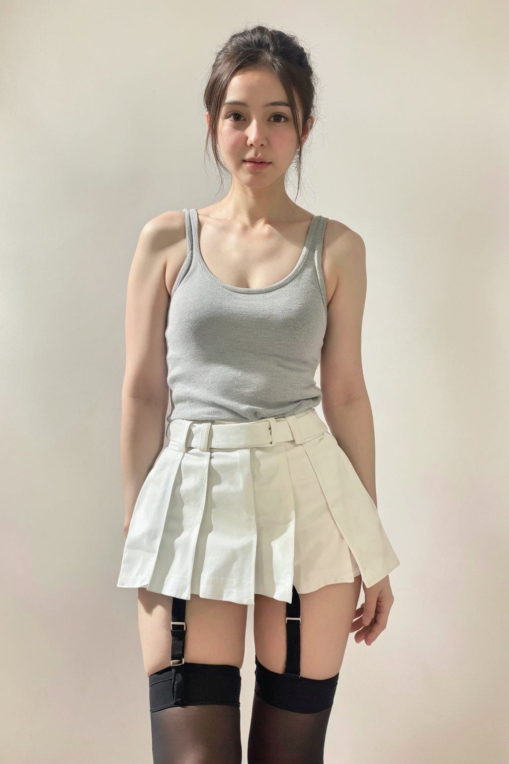 (32k, RAW photo, best quality, masterpiece:1.2), (realistic, photo-realistic:1.37), professional lighting, photon mapping, radiosity, 1girl,  (looking at viewer:1), high quality, ultra detailed, highres, 8k, accurate color reproduction, realistic texture, ((simple background, white background)), ((miniskirt, tanktop, garter_belt, garter_straps, thighhighs, standing)), (extra detailed), (best quality), 1girl, ((extra detailed body:1.3)), (realistic), narrow waist, (realistic glistening skin:1.2), skindentation, masterpiece, best quality, high resolution scan, (photo by Canon 5d, 50mm ZEISS lens), hourglass proportions, (8k uhd, hdr, dof), (professionally color graded), sharp focus, natural lighting, (proportional eyes, same size eyes)