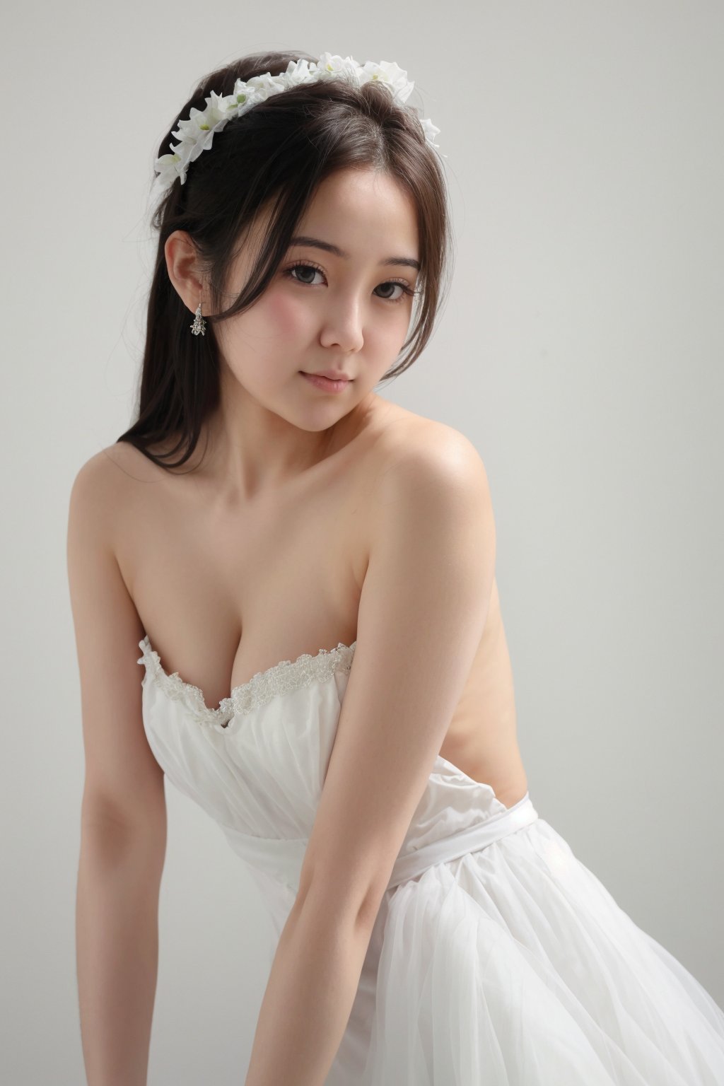 beautiful 25 years old girl, 
upper body, medium shot,looking at viewer, simple background, white background, wearing white dress