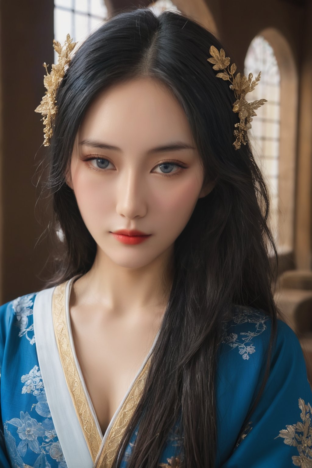  photorealistic,portrait of hubggirl, 
(ultra realistic,best quality),photorealistic,Extremely Realistic, in depth, cinematic light,

1girl, hanfu, Portrait of noble and graceful goddess, dressed in blue and gold, elaborate coiffure hairstyle, dark hair, 

perfect lighting, vibrant colors, intricate details, high detailed skin, pale skin, intricate background, realism,realistic,raw,analog,portrait,photorealistic, taken by Canon EOS,SIGMA Art Lens 35mm F1.4,ISO 200 Shutter Speed 2000,Vivid picture,