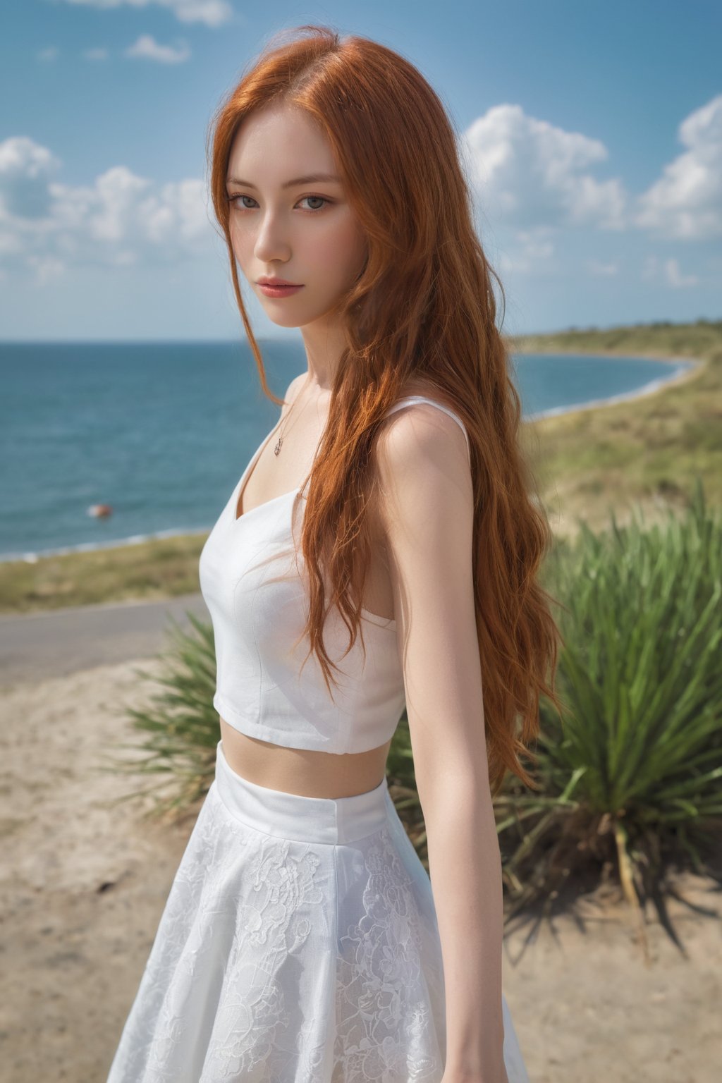  photorealistic,portrait of hubggirl, 
(ultra realistic,best quality),photorealistic,Extremely Realistic, in depth, cinematic light,

1girl,(long red hair:1.4),outdoors,(front:1.3),(standing:1.3),seaside,cloudy sky,High-low skirt,(cowboy_shot:1.2),navelwavy hair, 

perfect lighting, vibrant colors, intricate details, high detailed skin, pale skin, intricate background, realism,realistic,raw,analog,portrait,photorealistic, taken by Canon EOS,SIGMA Art Lens 35mm F1.4,ISO 200 Shutter Speed 2000,Vivid picture,