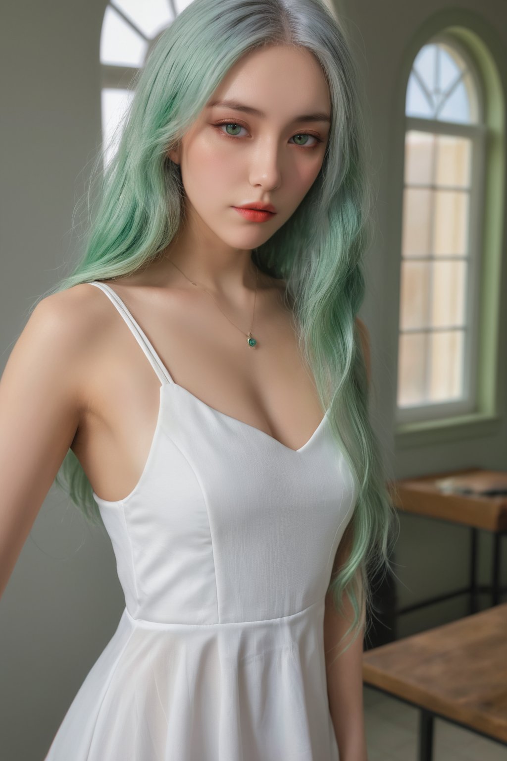 photorealistic,portrait of hubggirl, 
(ultra realistic,best quality),photorealistic,Extremely Realistic, in depth, cinematic light,

1girl, exquisite makeup, eye_contact, ambiguity, huge chest, sexy pose, white dress,
(light green hair,multicolored hair), full body shot,

perfect lighting, vibrant colors, intricate details, high detailed skin, pale skin, intricate background, realism,realistic,raw,analog,portrait,photorealistic, taken by Canon EOS,SIGMA Art Lens 35mm F1.4,ISO 200 Shutter Speed 2000,Vivid picture,