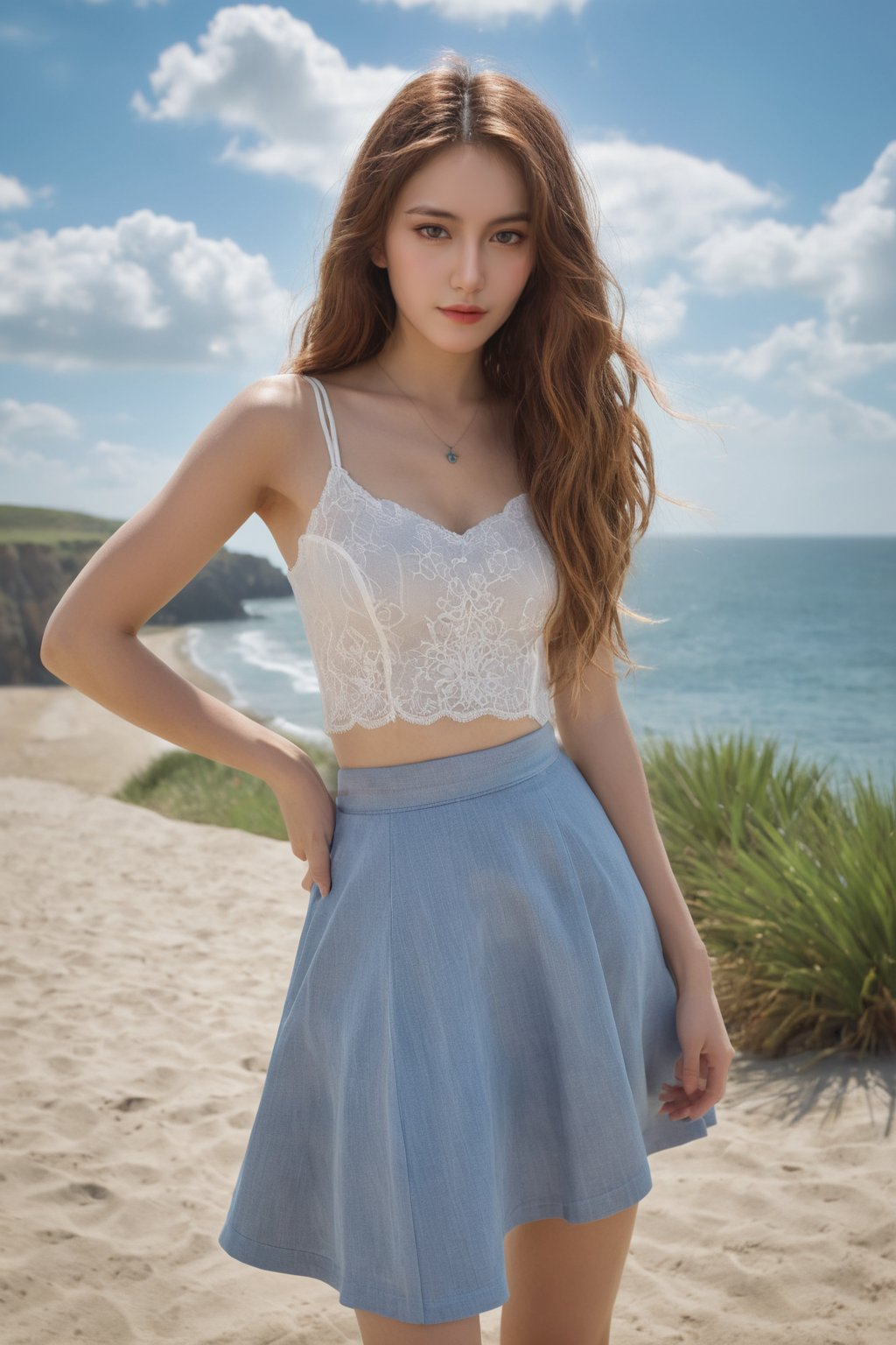  photorealistic,portrait of hubggirl, 
(ultra realistic,best quality),photorealistic,Extremely Realistic, in depth, cinematic light,

1girl,(medium hair:1.4),outdoors,(front:1.3),(standing:1.3),seaside,cloudy sky,High-low skirt,(cowboy_shot:1.2),navelwavy hair, 

perfect lighting, vibrant colors, intricate details, high detailed skin, pale skin, intricate background, realism,realistic,raw,analog,portrait,photorealistic, taken by Canon EOS,SIGMA Art Lens 35mm F1.4,ISO 200 Shutter Speed 2000,Vivid picture,