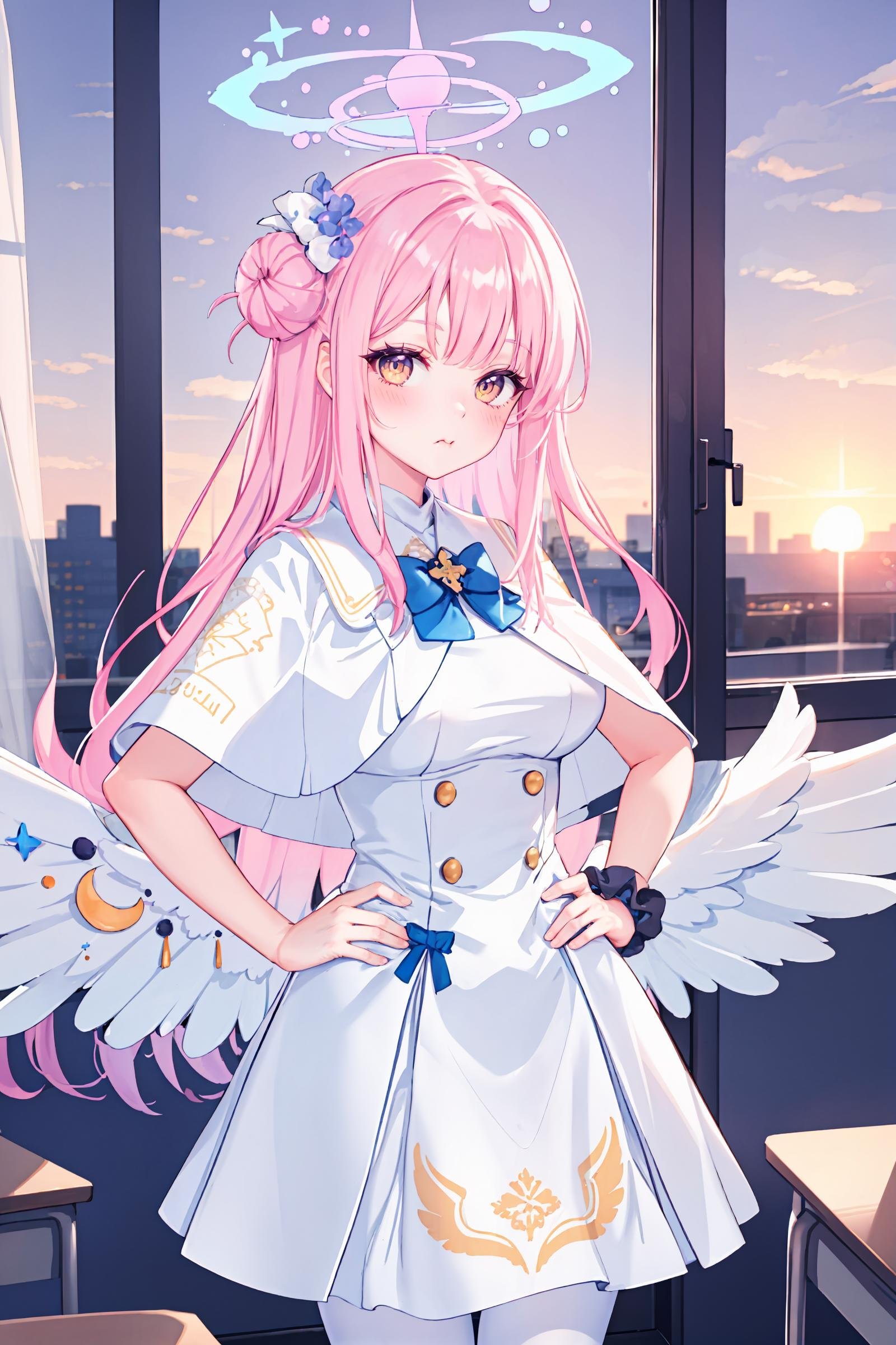 1girl, mika \(blue archive\), solo, halo, wrist scrunchie, low wings, hair flower, white dress, single side bun, white pantyhose, capelet, blue bowtie, standing, cowboy shot, looking at viewer, pout, blush, hands on hips, sunset, classroom, window, backlighting, depth of field