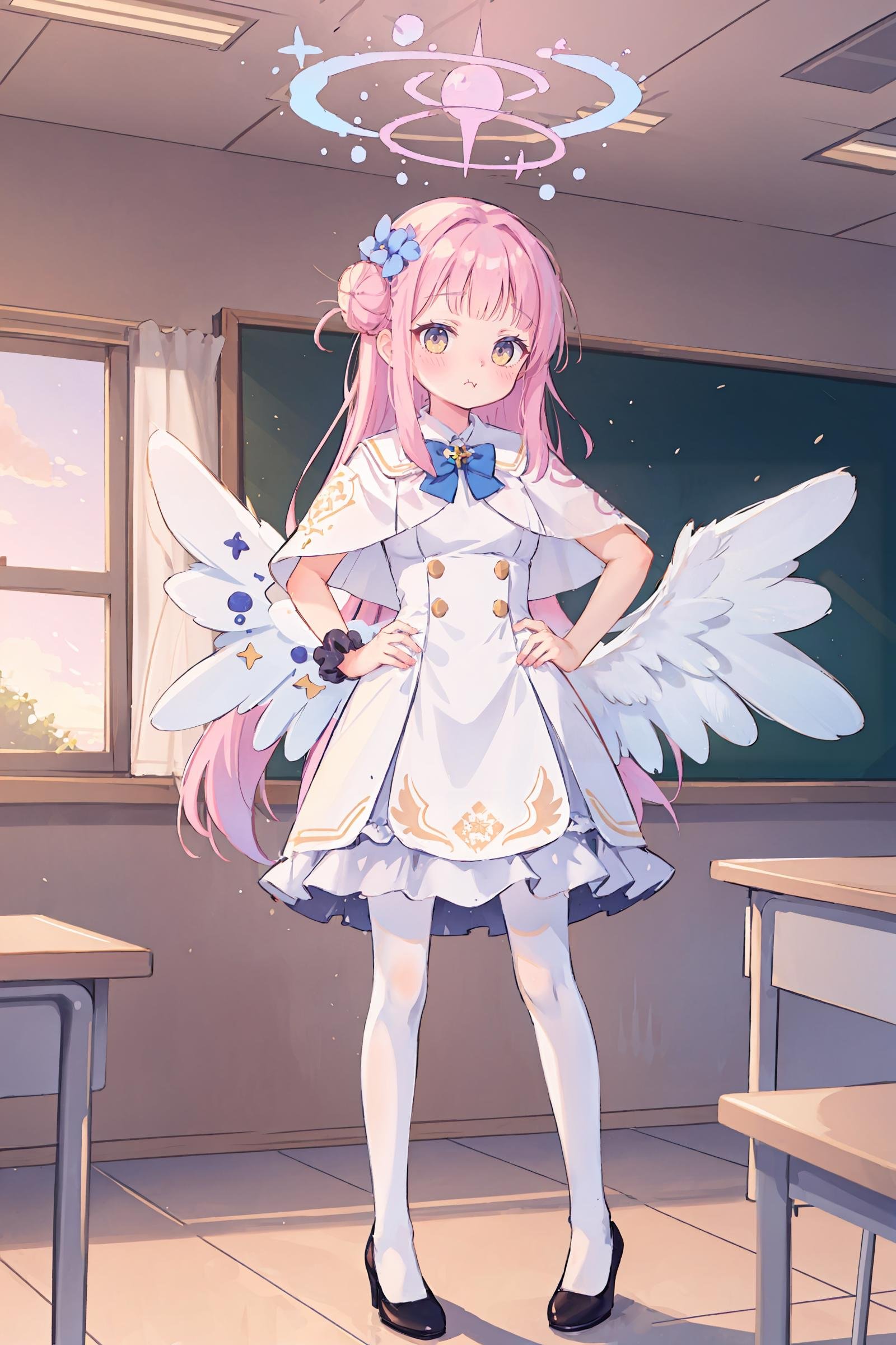 1girl, mika \(blue archive\), solo, halo, wrist scrunchie, low wings, black pumps, hair flower, white dress, single side bun, white pantyhose, capelet, blue bowtie, standing, full body, looking at viewer, pout, blush, hands on hips, sunset, classroom, window, backlighting, depth of field