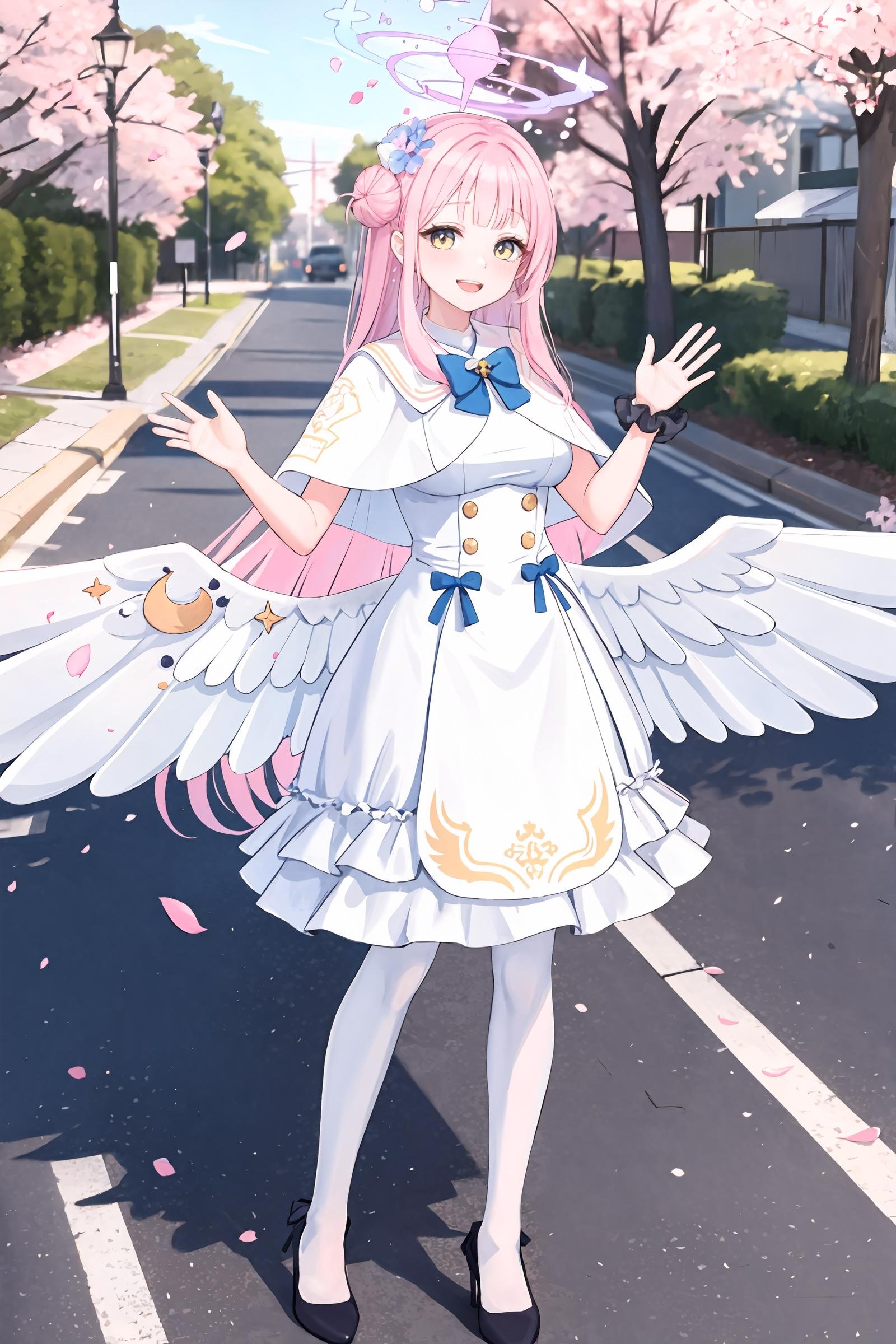 1girl, mika \(blue archive\), solo, halo, wrist scrunchie, low wings, black pumps, hair flower, white dress, single side bun, white pantyhose, capelet, blue bowtie, standing, full body, smile, open mouth,  looking at viewer, waving, outdoors, street, cherry blossoms, petals, depth of field