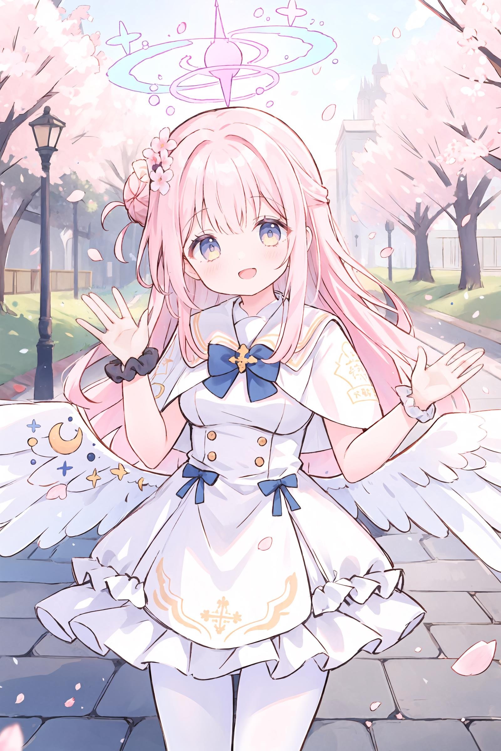 1girl, mika \(blue archive\), solo, halo, wrist scrunchie, low wings, hair flower, white dress, single side bun, white pantyhose, capelet, blue bowtie, standing, cowboy shot, smile, open mouth,  looking at viewer, waving, outdoors, street, cherry blossoms, petals, depth of field