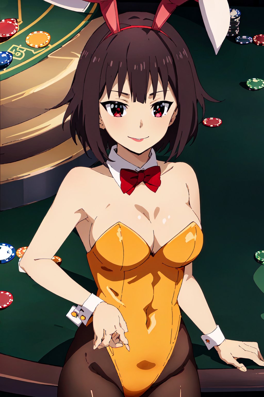 Highly detailed, High quality, Masterpiece, Beautiful, high detailed, high detailed background, (long shot), scenary, Anime, one girl, solo, indoors, casino, poker table, light brown hair, short hair, red eyes, bangs, smile, hair ornament, big brasts, playboy_bunny_leotard, pantyhose, high detailed hand, bow tie, bunny ears, strapless_leotard, Bunny suit, looking_at_viewer, sleeveless, rabbit ears, red bow tie, MeguminV2