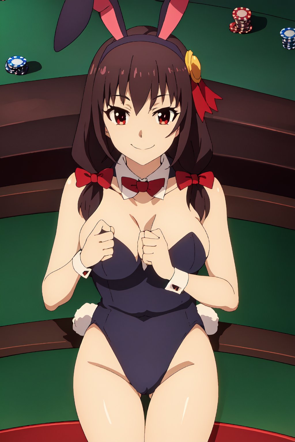 Highly detailed, High quality, Masterpiece, Beautiful, high detailed, high detailed background, (long shot), scenary, Anime, one girl, solo, indoors, casino, poker table, light brown hair, twin_tails, red eyes, smile, hair ornament, big brasts, playboy_bunny_leotard, pantyhose, high detailed hand, bow tie, bunny ears, strapless_leotard, Bunny suit, looking_at_viewer, sleeveless, rabbit ears, red bow tie, Yunyun