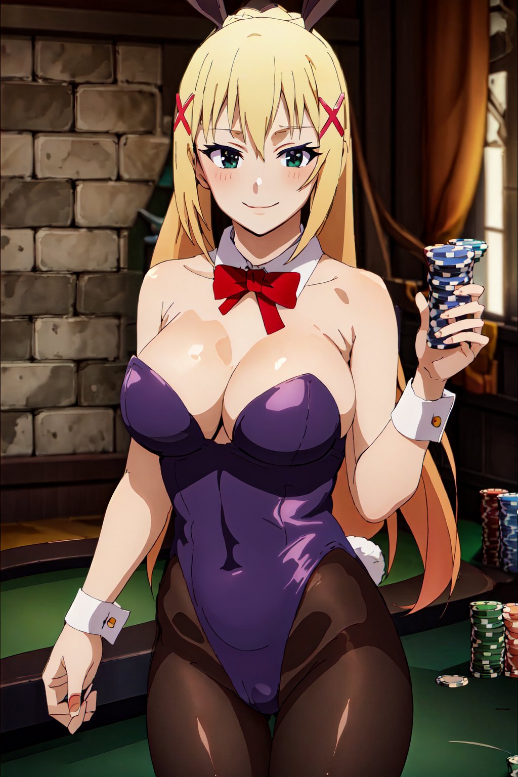 Highly detailed, High quality, Masterpiece, Beautiful, high detailed, high detailed background, (long shot), scenary, Anime, one girl, solo, indoors, casino, poker table, light blonde hair, long ponytail, blue eyes, smile, hair ornament, big brasts, playboy_bunny_leotard, pantyhose, high detailed hand, bow tie, bunny ears, strapless_leotard, Bunny suit, looking_at_viewer, sleeveless, rabbit ears, red bow tie, DarknessV2