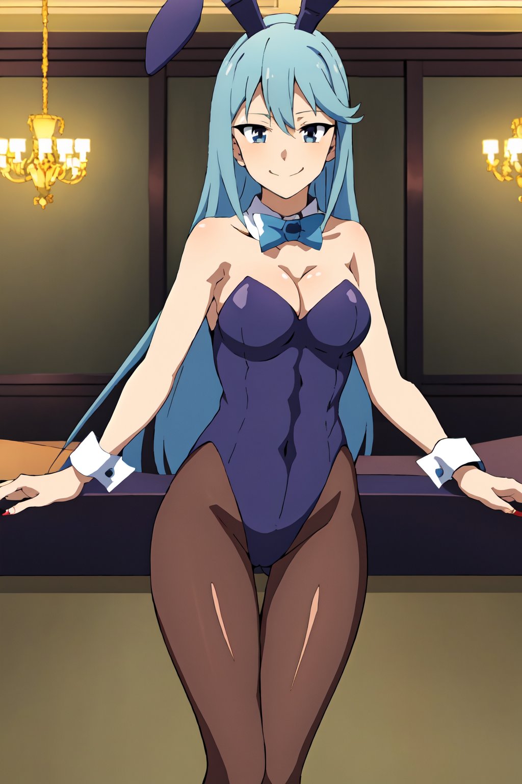 Highly detailed, High quality, Masterpiece, Beautiful, high detailed, high detailed background, (long shot), scenary, Anime, one girl, solo, indoors, casino, poker table, light blue hair, long hair,  blue eyes, smile, hair ornament, playboy_bunny_leotard, pantyhose, high detailed hand, bow tie, bunny ears, HAYASAKA_LIW, strapless_leotard, Bunny suit, looking_at_viewer, sleeveless, rabbit ears,red bow tie,AquaKnsb-KJ