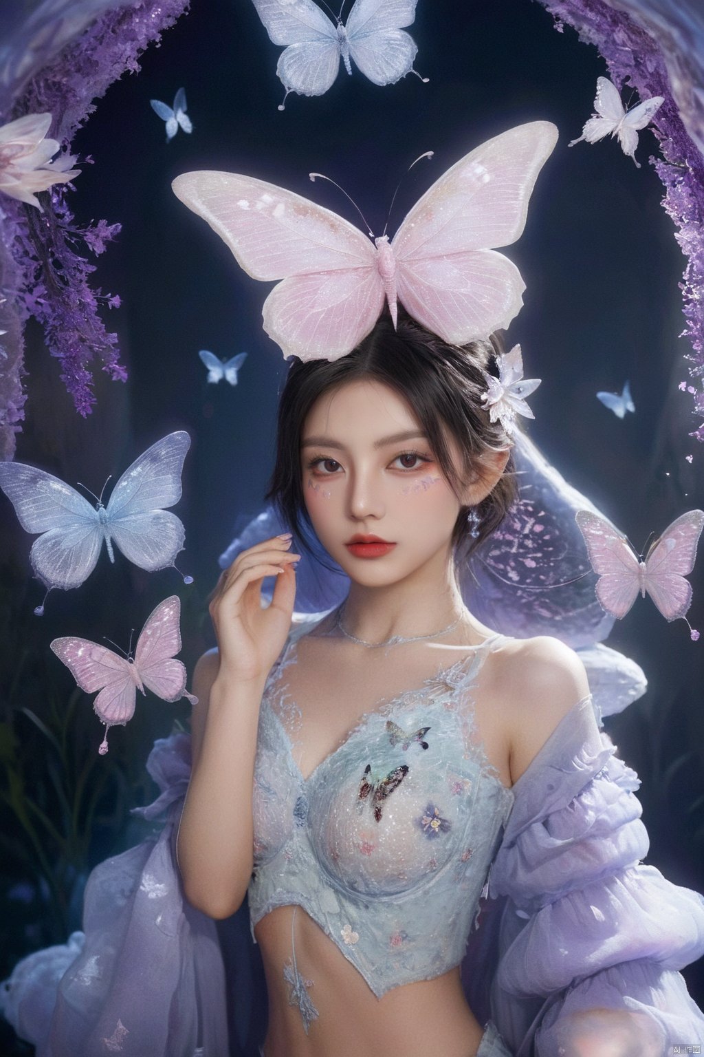  (ultra realistic,best quality),photorealistic,Extremely Realistic, in depth, cinematic light,butterfly\(hubggirl)\,

portrait close-up, 1 girl, black hair, (brown eyes), (facial light), glowing text, glowing particles, (extremely exquisite and beautiful), purple and blue clothes, butterfly on face, (super large moon), huge flowers, many flowers, looking at the audience, glowing butterfly, (mushroom forest: 1.2), dreamy light, 

intricate background, realism,realistic,raw,analog,portrait,photorealistic, hubg_beauty_girl