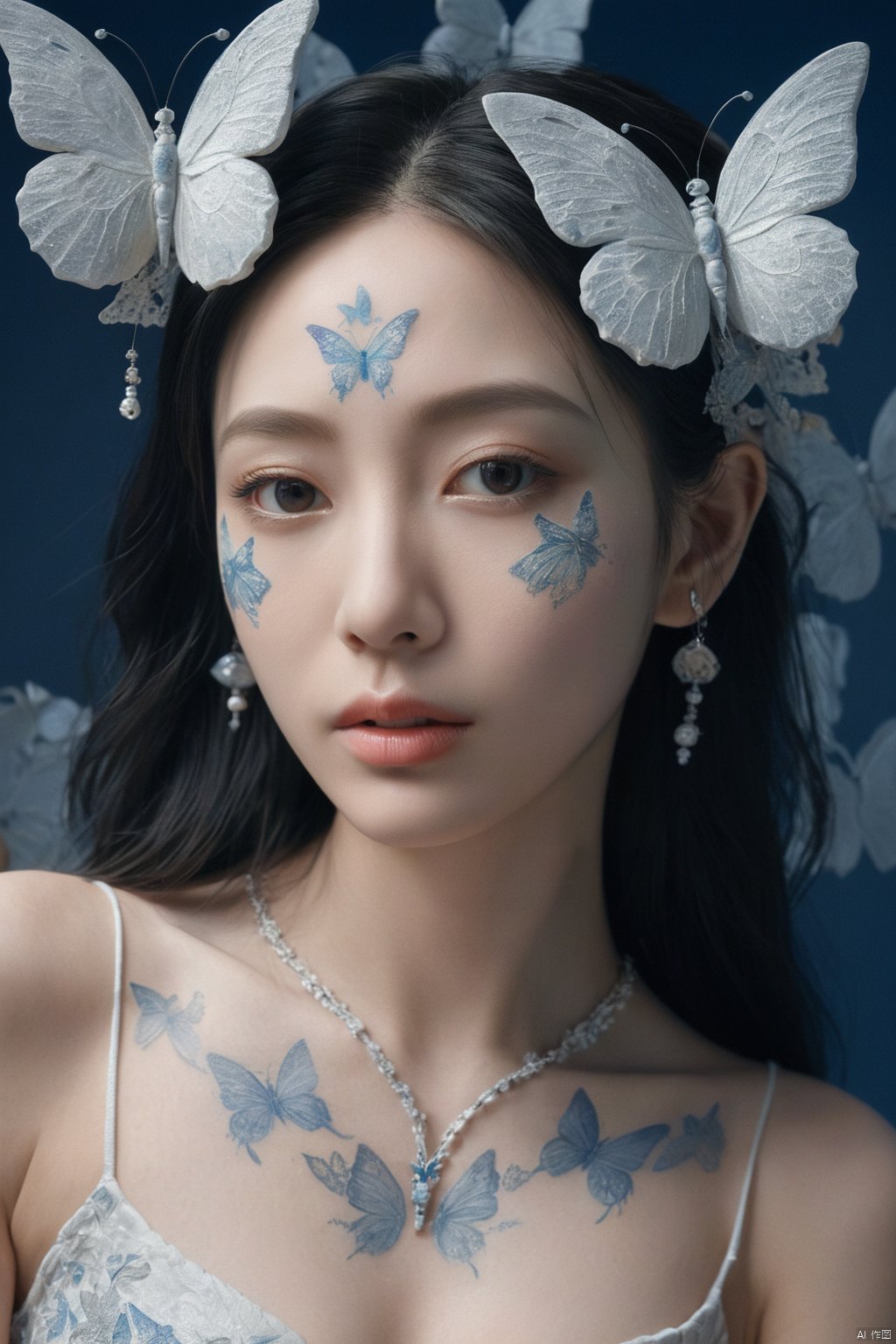 (ultra realistic,best quality),photorealistic,Extremely Realistic, in depth, cinematic light,butterfly\(hubggirl)\,

a ceramic of a white, blue and gold woman, in the style of tattoo-inspired, detailed facial features, asian-inspired, extravagant, body art, dreamlike installations, close up,

intricate background, realism,realistic,raw,analog,portrait,photorealistic,