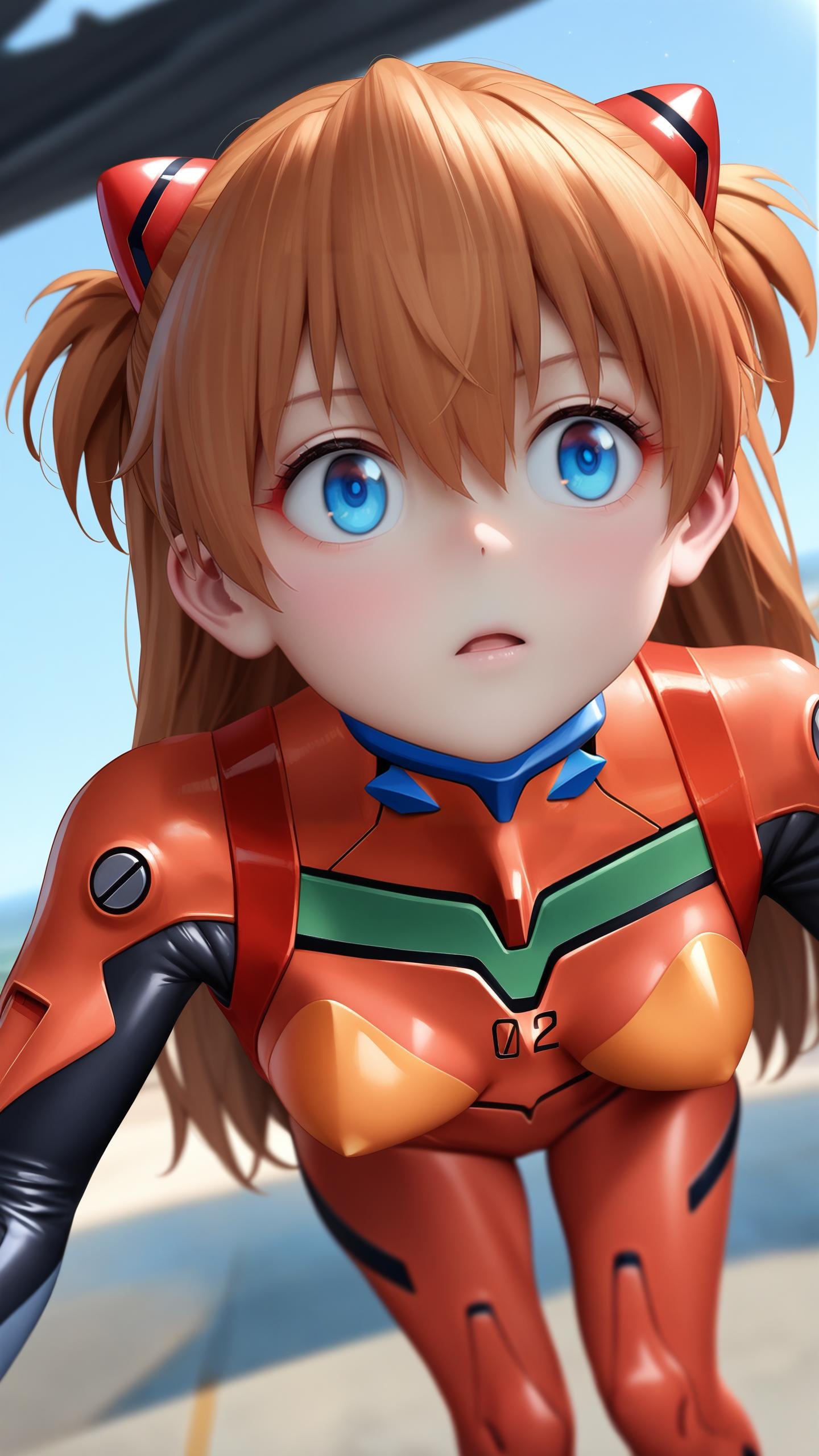 best quality,masterpiece,realistic, 1girl, asuka langley soryu, neon genesis evangelion, plugsuit, sky huge azure, looking up, mecha, eva 02, eva 02 in background, simple background, rule of thirds, depth of field, dutch angle, anime art style, key visual, vibrant colors, studio quality, highly detailed, perfect lighting, exquisite composition, breathtaking beauty