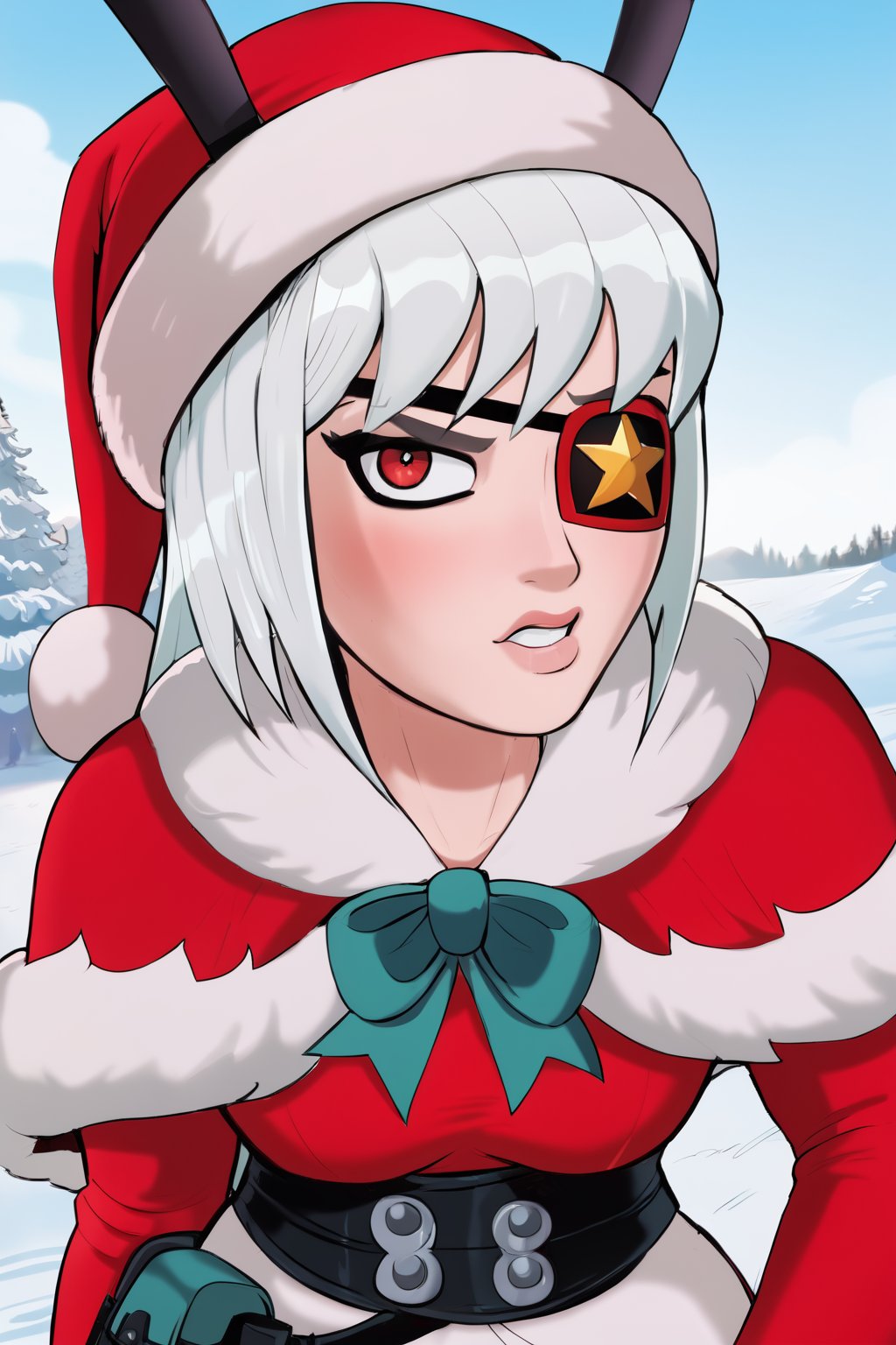 shadman, front view, Reina, white hair, red eyes, santa costum, eyepatch, score_9, score_8_up, score_7_up, best quality, masterpiece