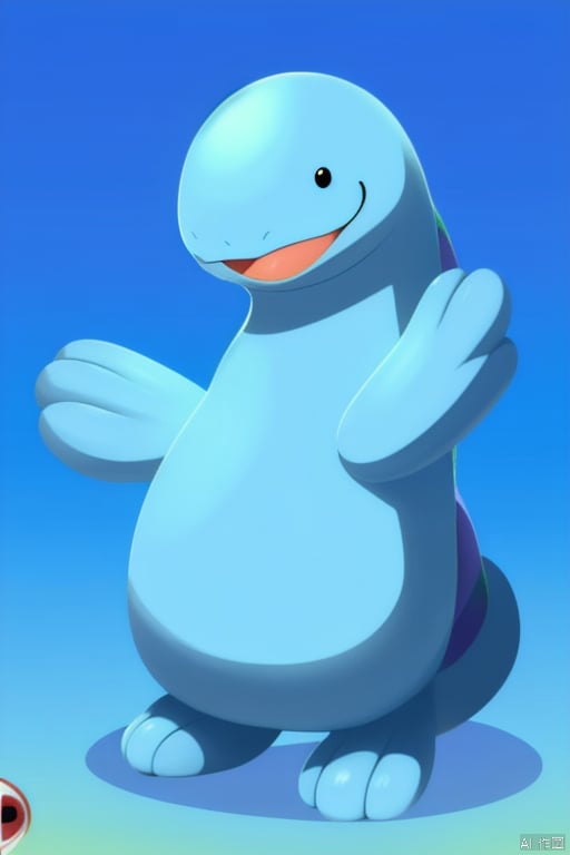 Quagsire,smooth,Punctate eyes,blue body,smile,full body,:d,black eyes
,pokemon \(creature\),no humans
,Purple and dark green stripes on the back and tail,three-toed,Thick tail

