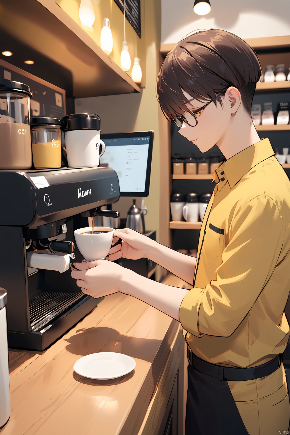  A clerk with yellow shirt in a coffee shop is making coffee