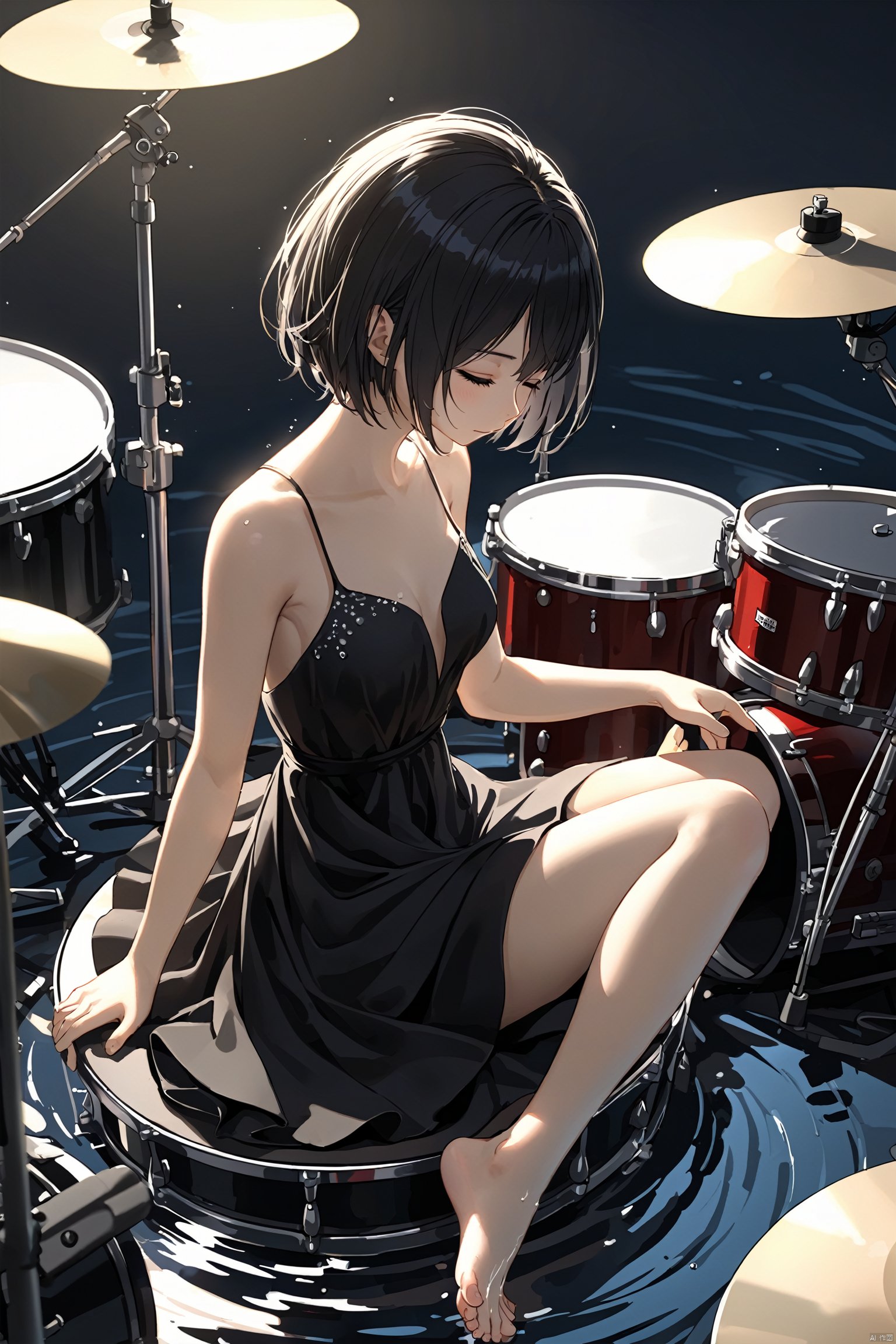  breathtaking girl, solo, short hair, black hair, dress, bare shoulders, sitting, closed eyes, barefoot, water, black dress, drum set, backlight, colors . award-winning, professional, highly detailed