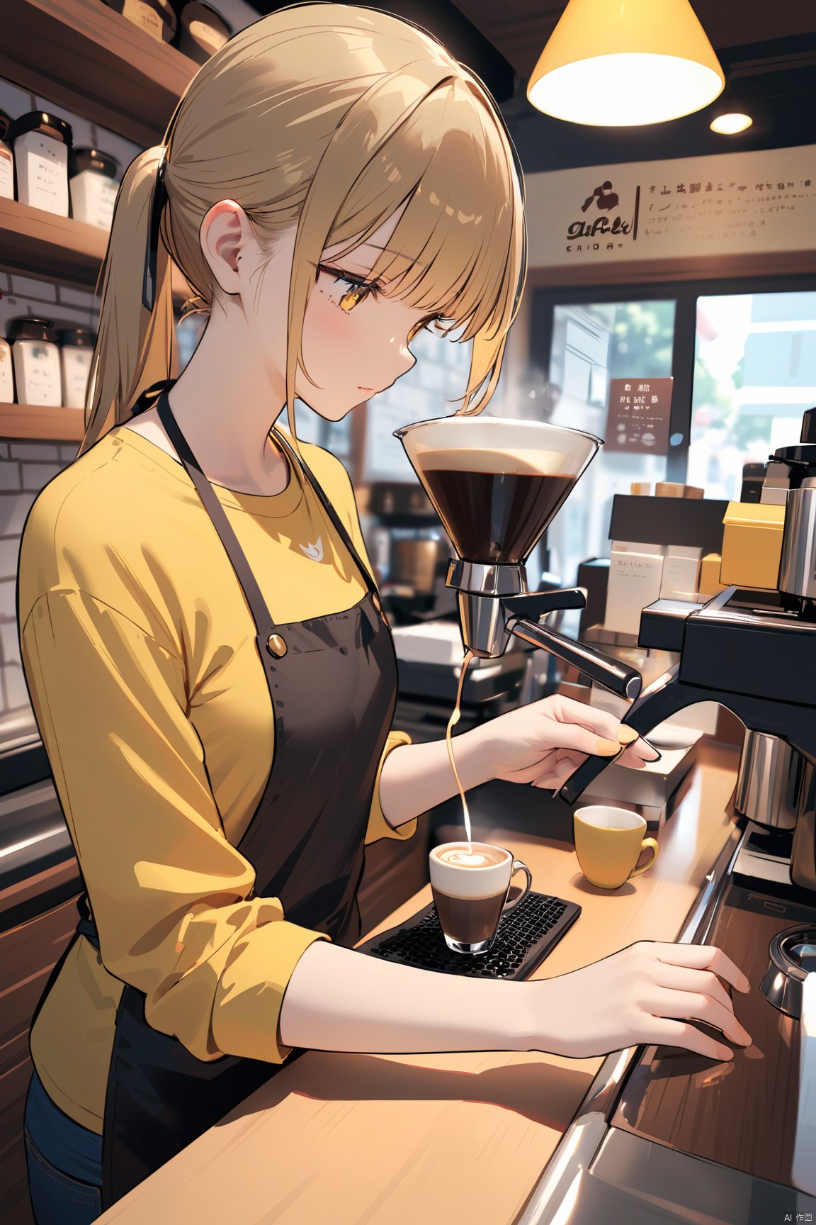  A clerk with yellow shirt in a coffee shop is making coffee