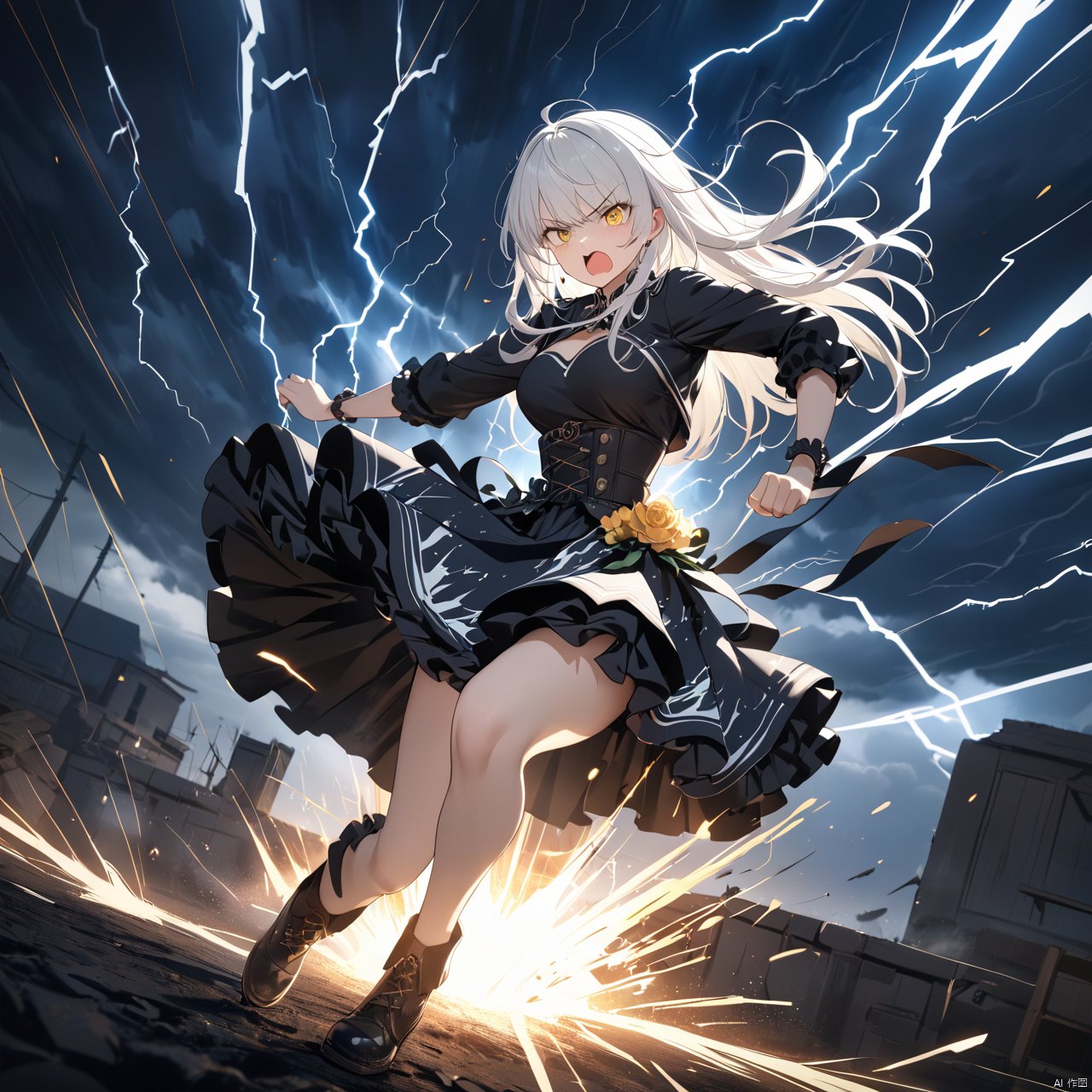  masterpiece, best quality, 1girl, solo, (motion lines:1.1), bloom, cinematic lighting, full body, white hair, yellow eyes, intricate skirt, (fighting:1.2), angry, (thunder:1.3), (flying sparks), dynamic angle