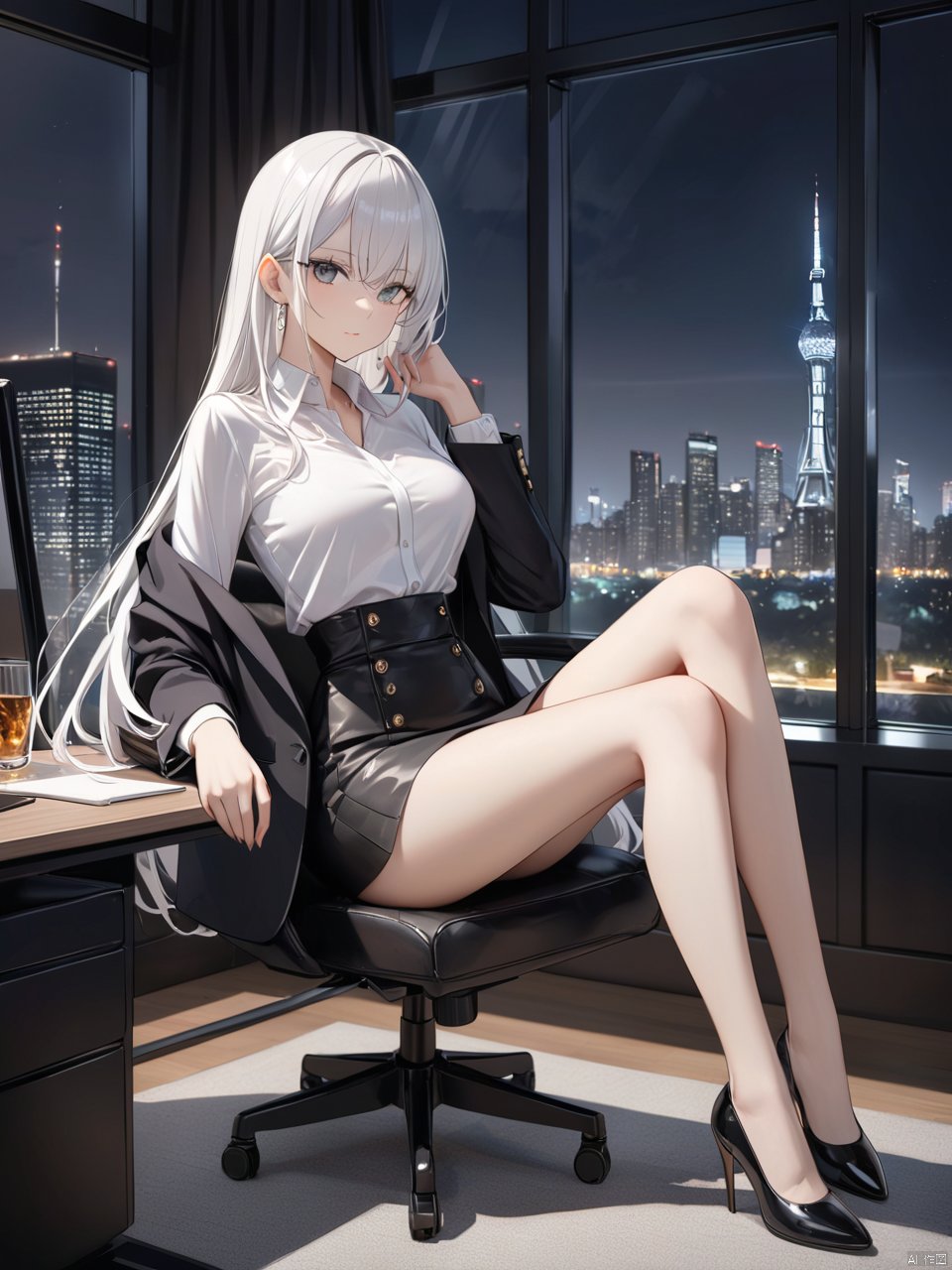  Woman wearing business outfit, formal blazer, white blouse, heels, black high waist business skirt, beautiful, masterpiece, best quality, extremely detailed face, perfect lighting, nice hands, perfect hands, (white hair:1.2), long hair, (grey eyes:1.2), slender build, long legs, thin, medium breasts, business woman, ceo, sitting in luxurious black leather office chair, glass wall with view of nighttime city skyline in background