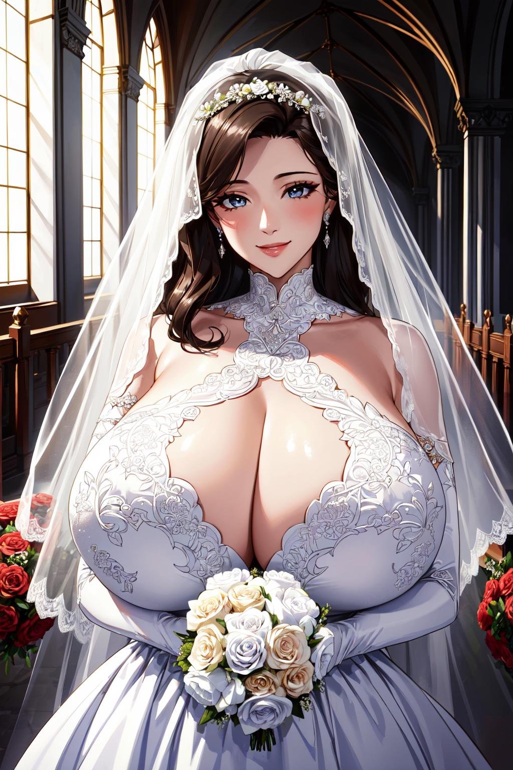 ((masterpiece)), ((best quality)), (ultra-detailed), absurdres, extremely detailed CG unity 8k wallpaper, Official Art, beautiful face, detailed hands, expressive eyes, upper body, close up, solo, (church, scenery, dramatic lighting:1.1), (standing, holding bouquet, seductive smile:1.2), (1girl, mature female, milf, motherly, huge breasts, wide hips:1.4), (white dress, wedding dress, bridal gauntlets, bridal veil:1.3), ((masterpiece)), , absurdres, HDR