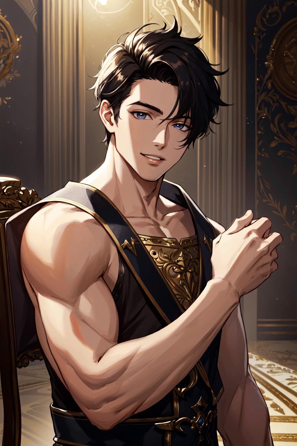 ((masterpiece)),  ((best quality)),  (ultra-detailed),  absurdres,  extremely detailed CG unity 8k wallpaper,  Official Art, [expressive eyes,  beautiful face:0.5],  detailed hands,    upper body,  close up,  solo,  scenery,  illustration,  dramatic lighting,  standing,  arm at side,  seductive smile,  parted lips,  1boy, bishounen,  ((masterpiece)),  , absurdres,  HDR, <lora:GoodHands-vanilla:1>