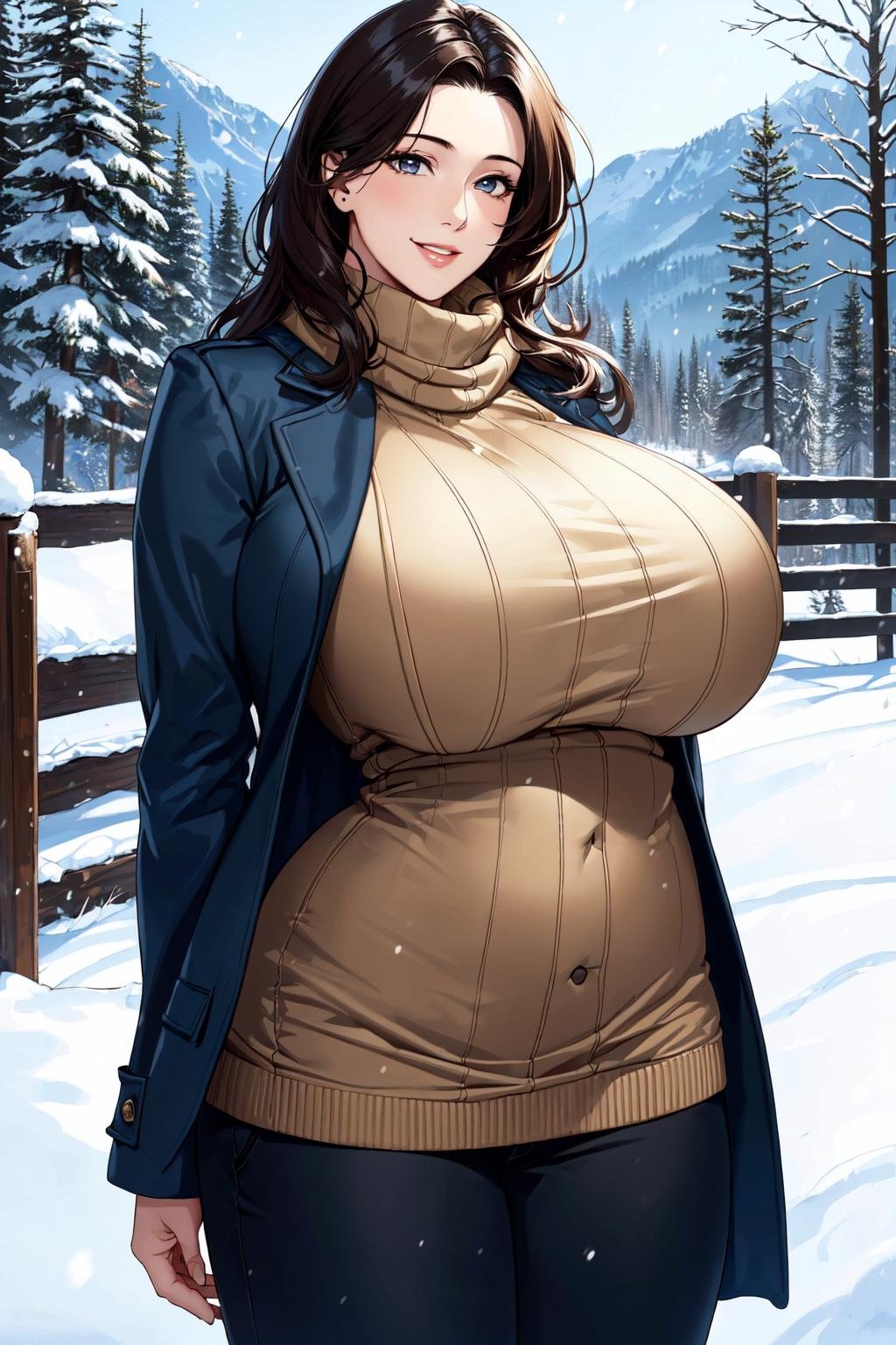 ((masterpiece)),  ((best quality)),  (ultra-detailed),  absurdres,  extremely detailed CG unity 8k wallpaper,  Official Art,  (realistic),  beautiful face,  detailed hands,  expressive eyes,  upper body,  close up,  solo,  (snow, outdoors, scenery,  illustration,  dramatic lighting:1.1),  (standing,  arm at side,  seductive smile,  parted lips:1.2),  (1girl,  mature female,  milf,  motherly,  wide hips, huge breasts,  older:1.4),  (sweater, pants, coat, scarf:1.3),  ((masterpiece)),  , absurdres,  HDR, <lora:GoodHands-vanilla:1>