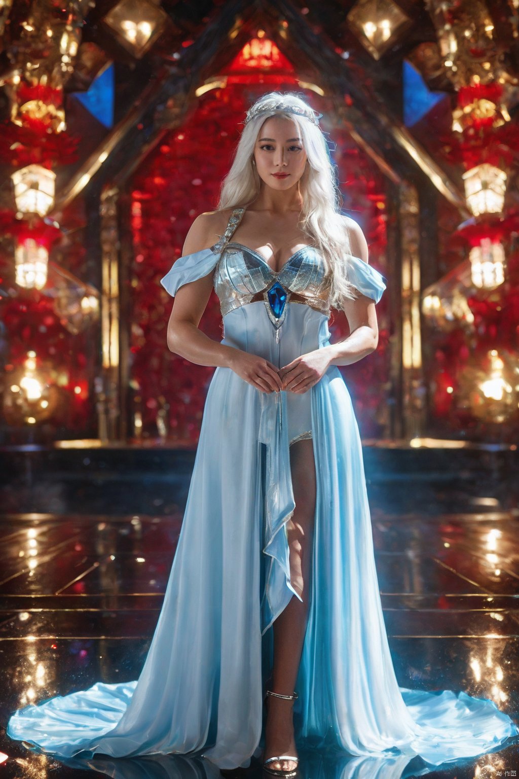  cinematic film still ((extremely detailed CG unity 8k wallpaper)), masterpiece, ultra-detailed, floating, high resolution, sexually suggestive, (petite, absurdly long white hair, princess, white mage, blue eyes, (ornate long white and red see through layered long dress ,shallow depth of field, vignette, highly detailed, high budget, bokeh, cinemascope, moody, epic, gorgeous, film grain, grainy, __detail__, __detail__., Dilireba, strOng woman bodybuilder,Woman body,BIKINI RUANYI0072 SHINY SKIN THONG,KALEIDOSHATTER