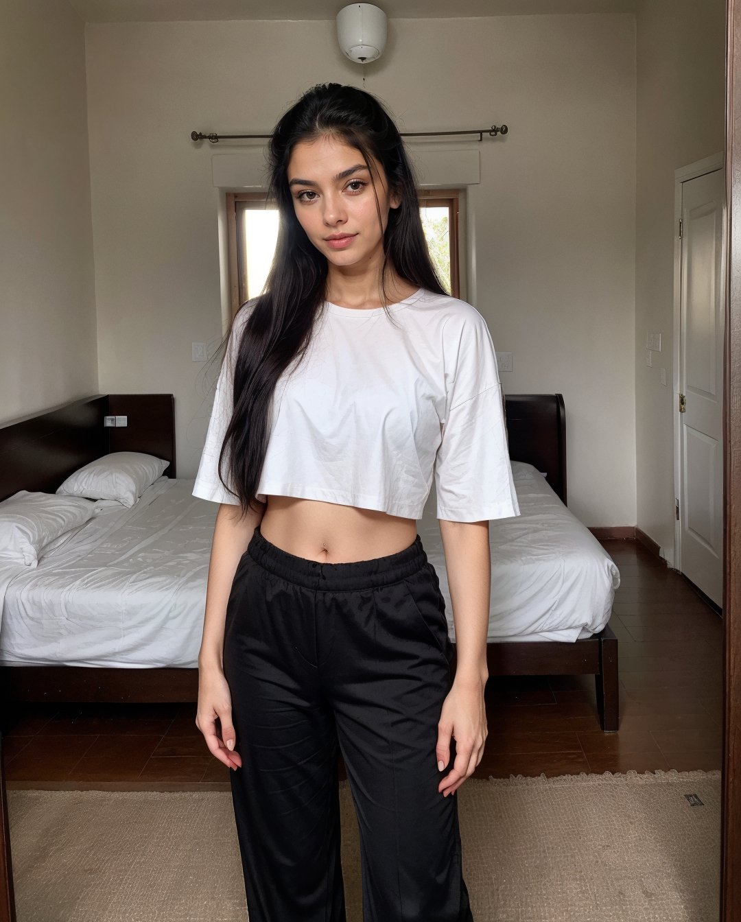  Lovely cute  acute an Instagram model 22 years old, full-length, long black_hair, black hair, navel, winter, in indian messy home indian, short trouser, morden dress, wearing decent lower and top, pony_tail standing in balacony, ,Mallu