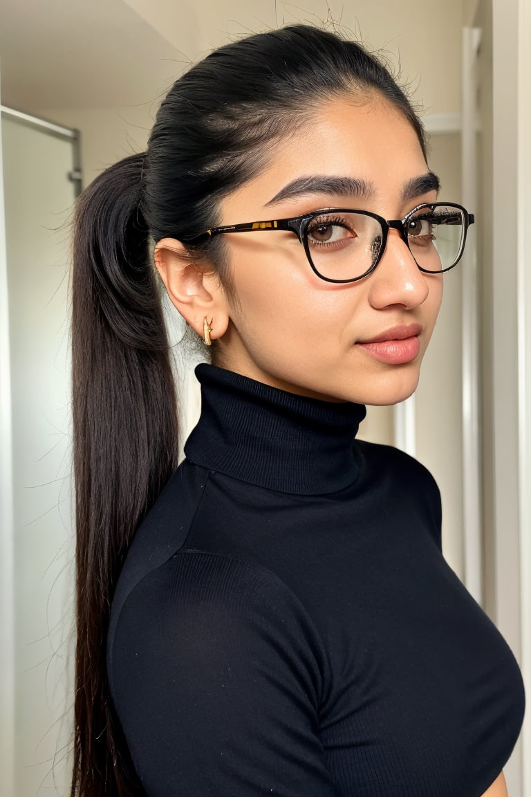 Mallu, 1girl, 18yo, solo, twin tail ponytail, two bun , long hair, looking at viewer, black hair, jewelry, turtle neck sweater, yellow, short trouser, morden dress, upper body, navel, , earrings, eye glasses, black eyes, lips, hoop earrings, realistic,mallu,  