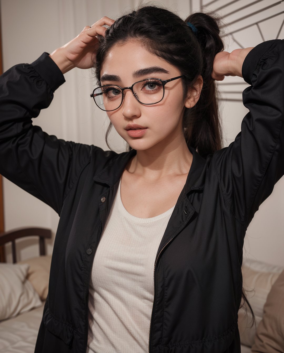 1girl, 18 year old, eye glasses, spectacles, twin tail ponytail:2, Lovely cute young attractive girl, 18 years old,  long black_hair,  black  hair,  They are wearing a  jacket and  pajama, varsity jacket   ,Mallu