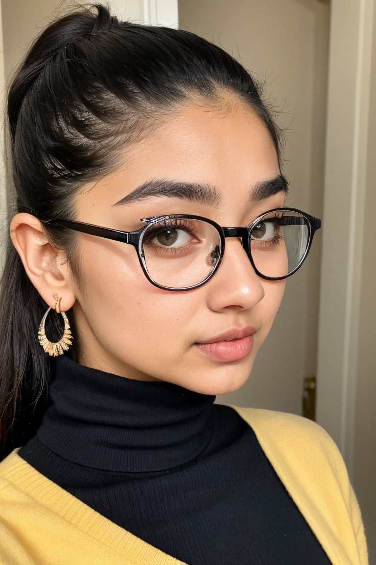 Mallu, 1girl, 18yo, solo, twin tail ponytail, two bun , long hair, looking at viewer, black hair, jewelry, turtle neck sweater, yellow, short trouser, morden dress, upper body, navel, , earrings, eye glasses, black eyes, lips, hoop earrings, realistic,mallu,  