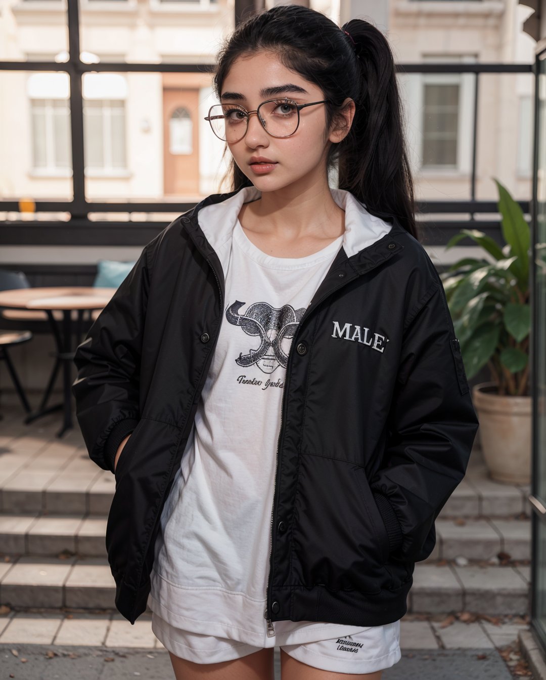 1girl, 18 year old, eye glasses, spectacles, twin tail ponytail:2, Lovely cute young attractive girl, 18 years old, cute model, long black_hair,  black  hair,  They are wearing a  jacket and  pajama, varsity jacket , white shoes  ,Mallu