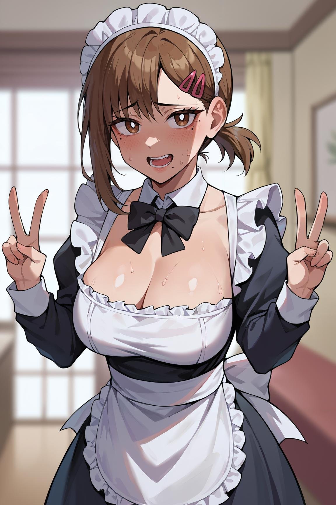 score_9,score_8_up,score_7_up,rating: general,shexyo style,1girl, solo, breasts, looking at viewer, blush, short hair, open mouth, bangs, large breasts, brown hair, hair ornament, thighhighs, long sleeves, dress, bow, cleavage, cowboy shot, sweat, frills, teeth, alternate costume, hairclip, indoors, bowtie, mole, blurry, apron, black dress, white thighhighs, zettai ryouiki, maid, maid headdress, mole under eye, v, black bow, detached collar, blurry background, white apron, mole under mouth, maid apron, short ponytail, frilled apron, black bowtie, enmaided, double v, multiple moles, higashiyama kobeni,<lora:shexyo style xl:0.9> 