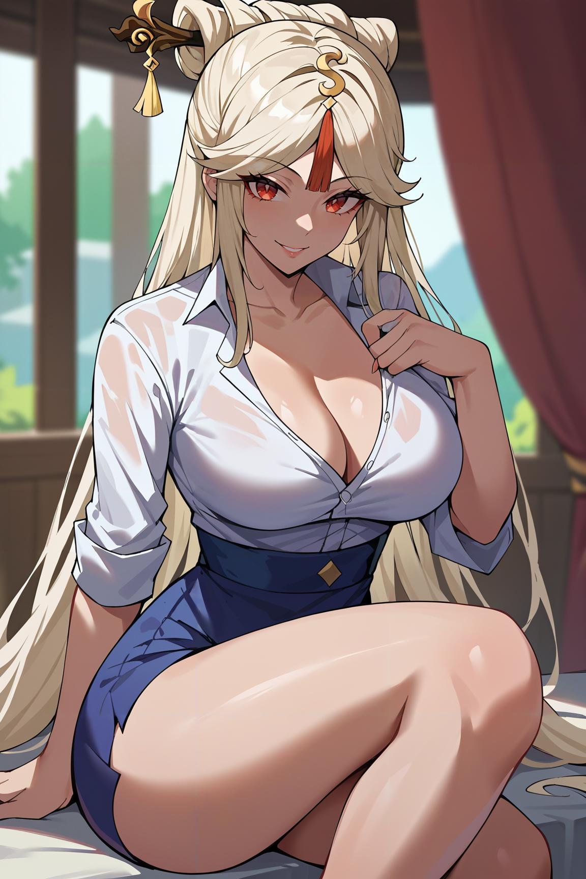 score_9,score_8_up,score_7_up,score_6_up,shexyo style,ningguang \(genshin impact\),  1girl, breasts, solo, large breasts, long hair, red eyes, cleavage, looking at viewer, jewelry, sitting, smile, hair ornament, bangs, shirt, thighs, collarbone, white shirt, parted bangs, blurry background <lora:shexyo style xl:0.8> 