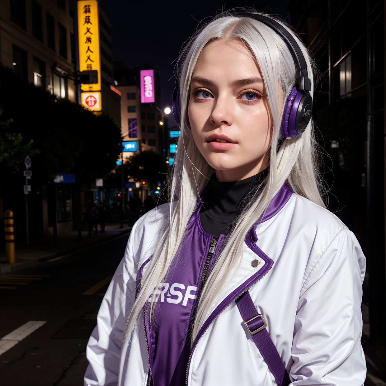 1girl, white hair, long hair, techwear masterpiece, bestquality, realistic, realism, dark purple jacket, portrait, detailed eyes, wearing headset, platinum hair, 21 year old girl, fashion pose, half body, wide shoot, on the street, cyberpunk