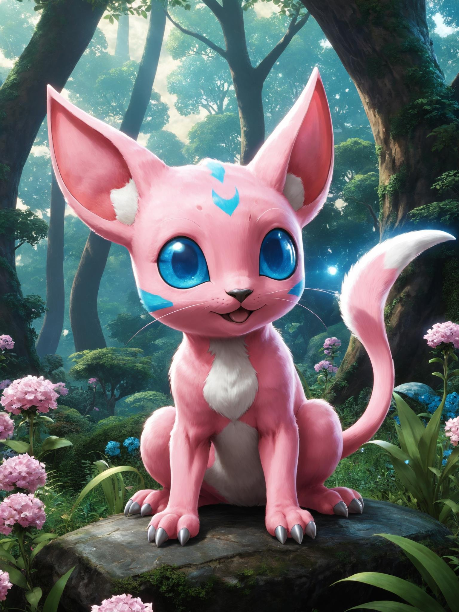 Mew is a pink, bipedal Pokémon with mammalian features. It has a rounded, wide snout; triangular ears; and large, blue eyes. It has short arms with three-fingered paws and large hind paws with oval markings on the soles<lora:Y.A128-v2-1-1:0.3> <lora:xl_more_art-full-beta2:0.7>