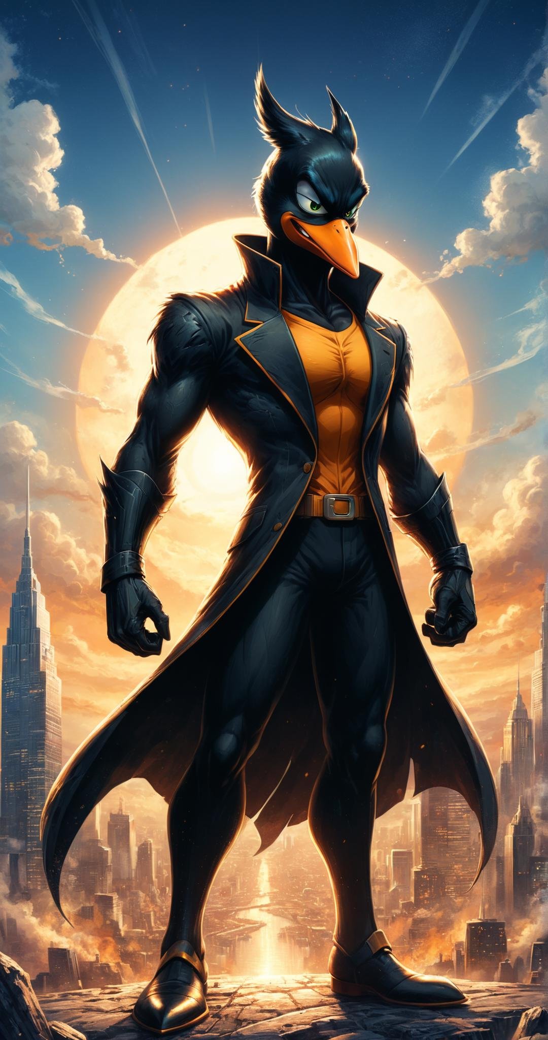 A captivating anime illustration of Daffy Duck, transformed into a super powerful and mystic creature. His eyes are filled with energy and power, with a captivating aura surrounding his body. He stands tall, confidently posing with his hands on his hips. The background includes a cinematic cityscape, with towering buildings and a setting sun. The overall atmosphere of the scene is a blend of action and fantasy, with a touch of drama., illustration, cinematic, anime<lora:Y.A128-v2-1-1:0.7> 