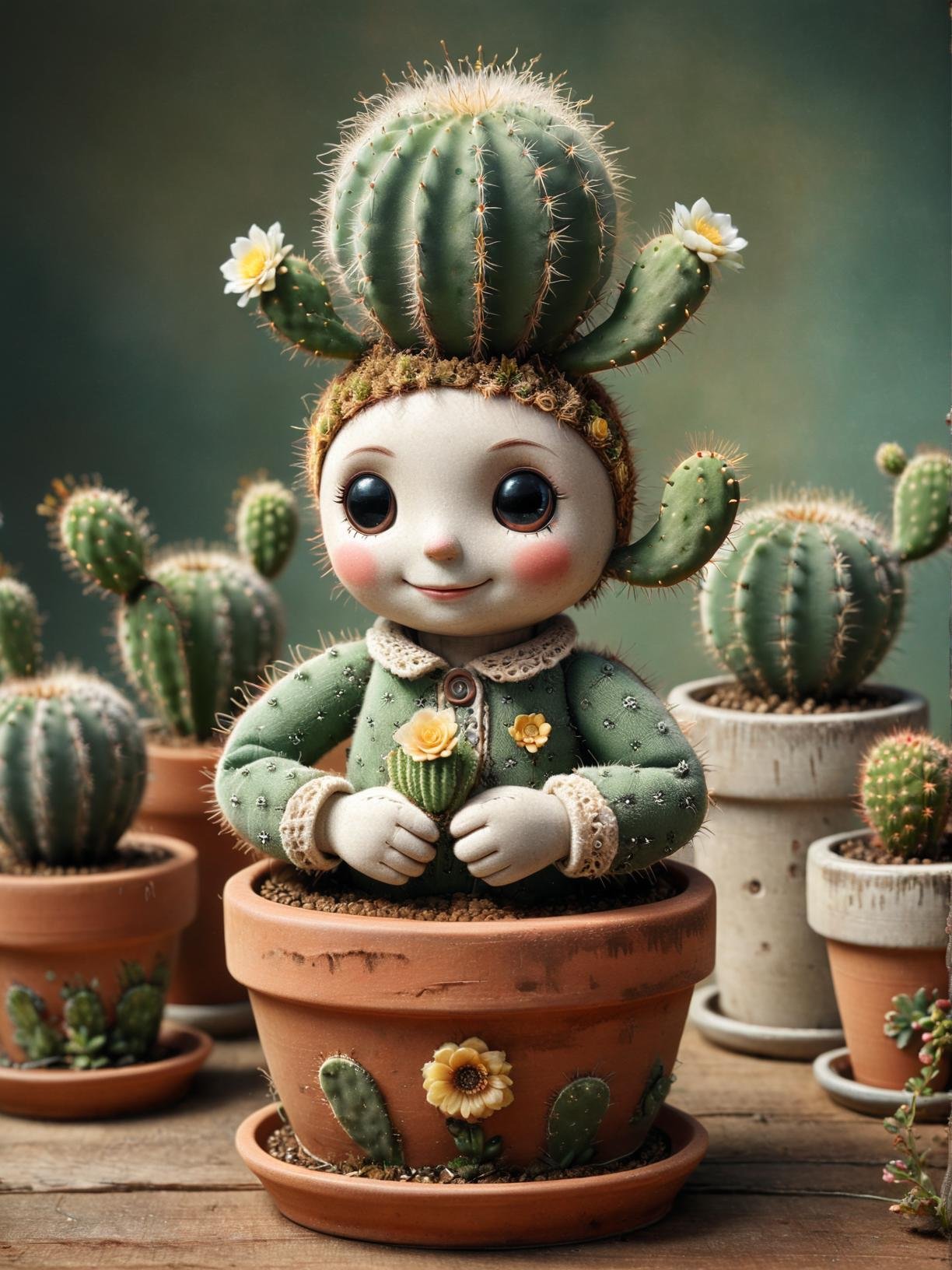 high-definition drawing of a 'Flowerpot Cactus Doll', rendered with fine shading, grainy texture, and exquisite detail. The artwork depicts a whimsical cactus transformed into a charming doll, sitting in an intricately designed flowerpot. The cactus doll features a smiling face, tiny arms, and playful accessories, blending the natural elements of a cactus with the adorable aspects of a doll. The flowerpot is adorned with artistic patterns or creative textures, enhancing its appeal. Soft, focused lighting highlights the details of the cactus doll and the flowerpot, showcasing their unique combination. The image has a subtle contrast with a color palette that complements the quirky and lively theme. The minimally detailed background ensures the focus remains on the cactus doll and the flowerpot, while the grainy texture adds artistic depth and a vintage ambiance to the piece.<lora:Y.A128-v2-1-1:1>