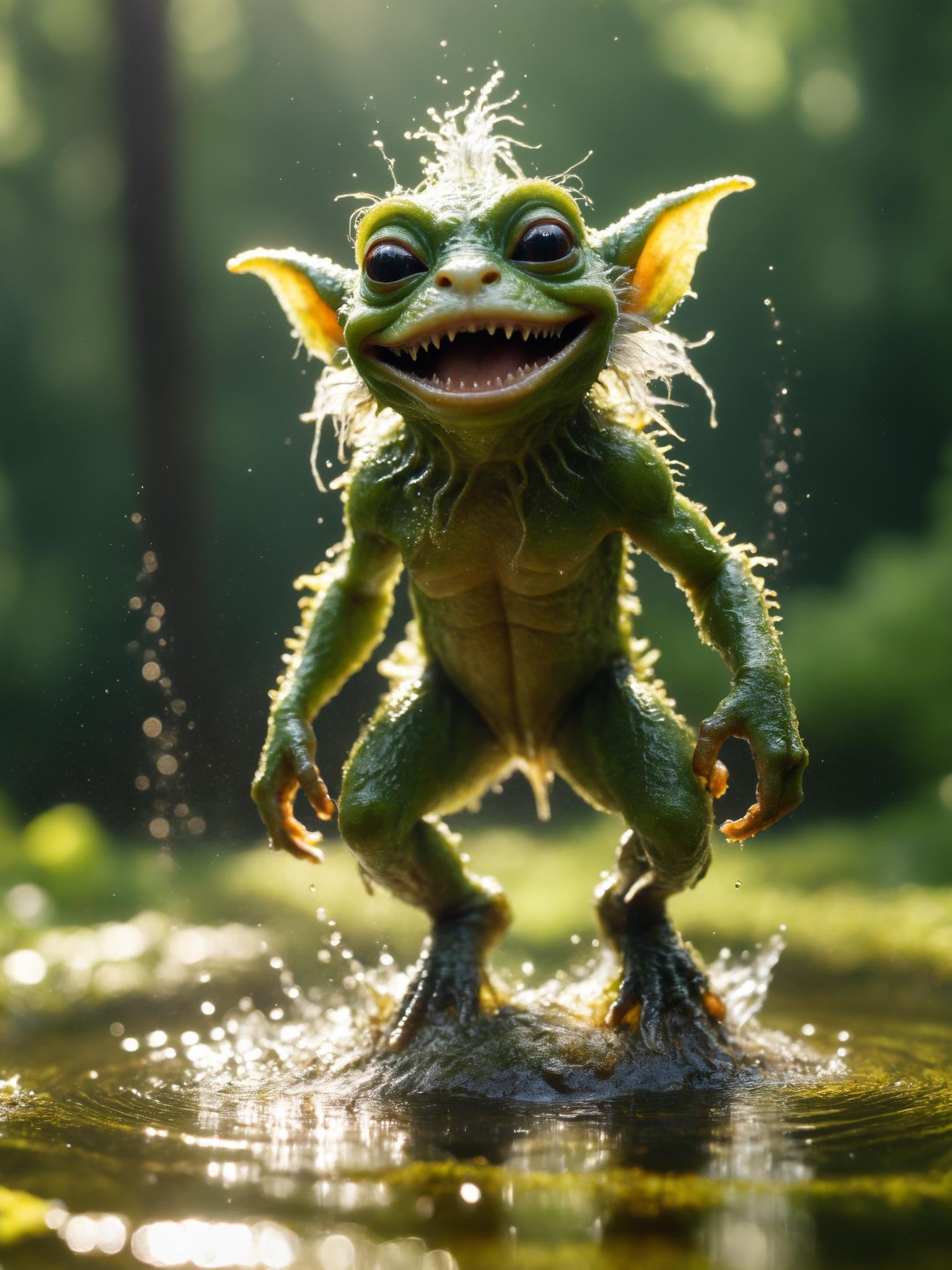 masterpiece,professional macro photography, swampling, goblin, amphibian swamp creature in a green pond , sunny forest with white fluff in the air, hot summer ,  soft bounced lighting, amazing depth of field, shot from a low angle, shot on Lumix GH5 (cinematic bokeh, dynamic range, vibrant colors)<lora:Y.A128-v2-1-1:0.7>