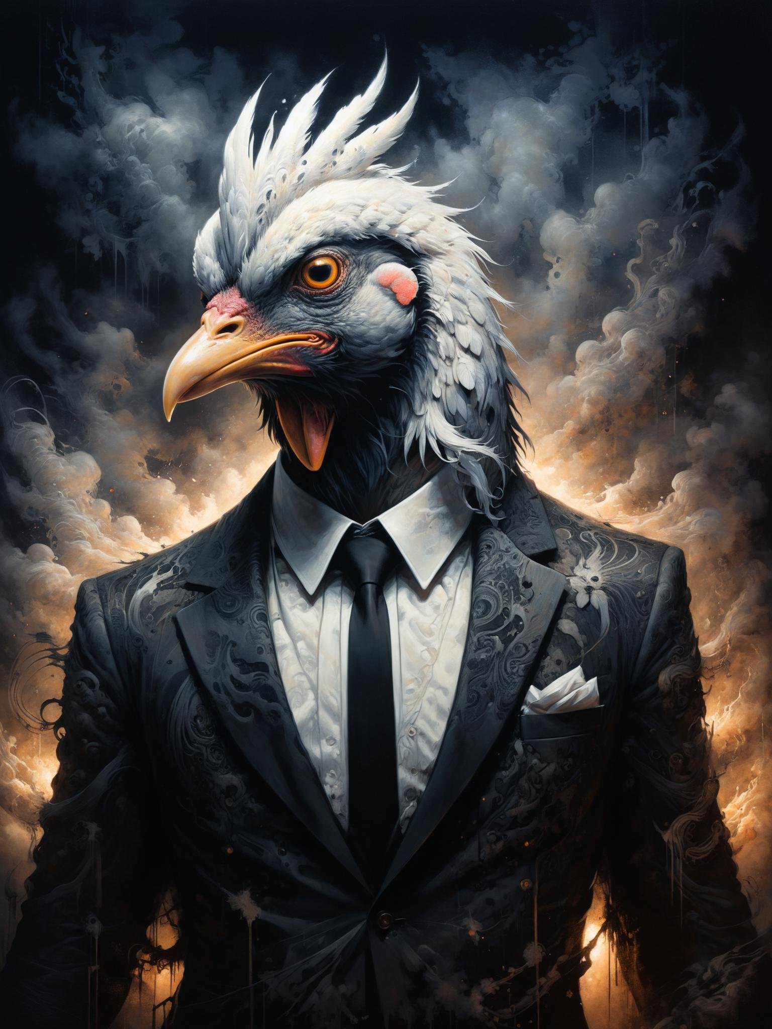 A striking, minimalist close-up portrait of a gigantic chicken wearing a man's suit, with her black hair , mafia.The illustration is rendered in a realistic Skeuomorphism style, reminiscent of Ashley Wood and Ryo Takemasa. The artwork is drawn with ink and features soft light and chiaroscuro, creating a captivating atmosphere. The woman's silhouette is depicted in white chalk on an ash-black background, with a foggy atmosphere and intricate details. The piece is inspired by the expressive style of Martin Ansin and showcases a dynamic pose from a low angle, giving a sense of dark fantasy and anime., illustration, anime, painting, dark fantasy, architecture<lora:Y.A128-v2-1-1:0.9>