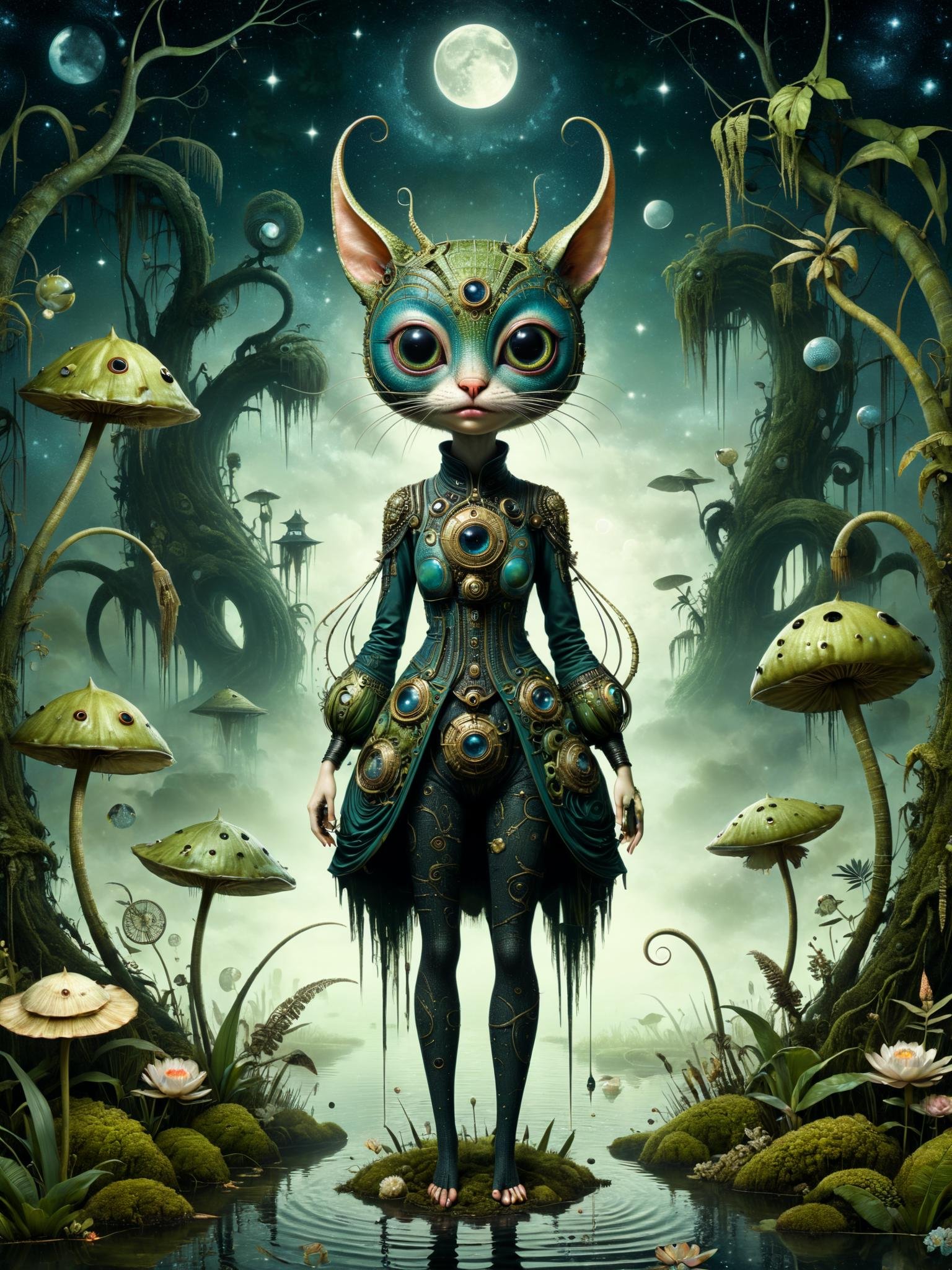 Anthropomorphic creature resembling Momoko Okazaki, night-time swamp setting, stylized with Greg Rutkowski, Catrin Welz-Stein, Jean Metzinger, and Klimt influences, Yossi Kotler 32k high-resolution photograph, weird attributes, densely intricate details, surreal sci-fi theme, matte painting akin to movie posters, balanced by the golden ratio, trending on CGSociety and ArtStation, collaboration elements of Artgerm, H.R. G<lora:Y.A128-v2-1-1:0.9>