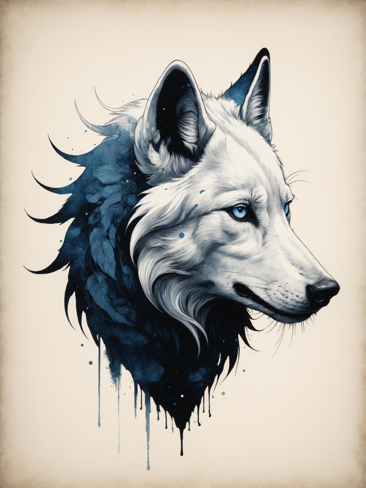 A captivating minimalist ink drawing of a white wolf's head from a side view, elegantly combined with the silhouette of a woman-witch. The wolf's fur is skillfully shaded with black ink, creating depth and accentuating its striking beauty. The intricate details of the fur texture and the vivid, glistening blue and black eyes bring the creature to life. The dark fantasy-inspired Ukiyo-e style adds an enchanting, otherworldly atmosphere to this mesmerizing wildlife portrait, making it visually stunning and irresistibly alluring., ukiyo-e, wildlife photography, dark fantasy<lora:Y.A128-v2-1-1:0.5>