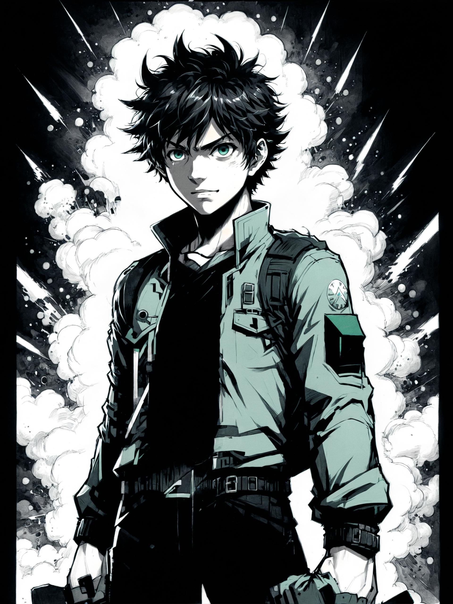 flat scan of Izuku Midoriya in a dark street, doodle drawn on a paper with black magic paper, black background, black and white,from a nuclear detonation, illustrated with a fusion of graphic novel aesthetics characterized by bold compositions and dynamic poses, combined with detailed, clean line work, elevated by filmic illumination and a restrained chromatic scheme. <lora:Y.A128-v2-1-1:0.9>