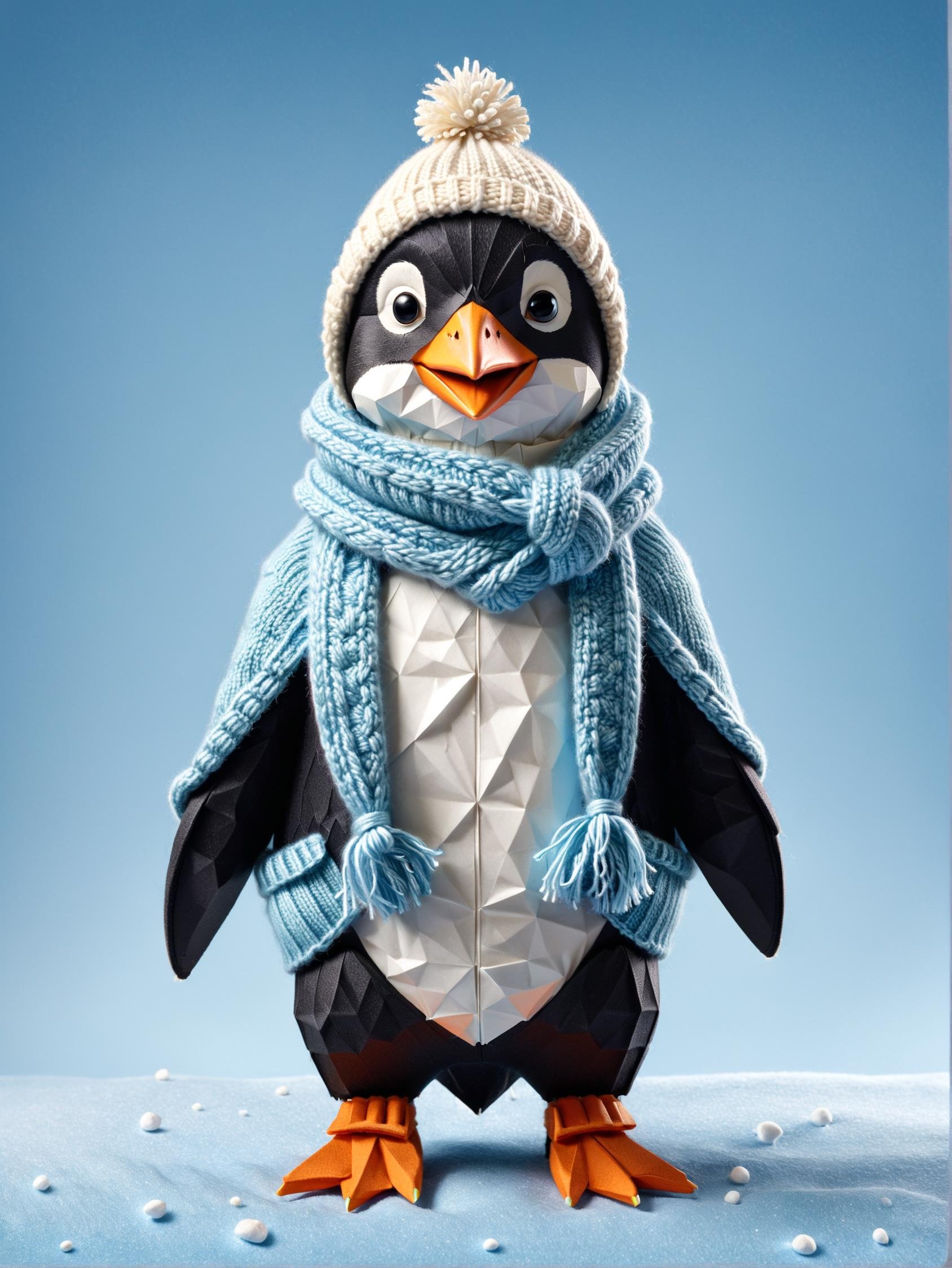 Whimsical origami penguin in a knitted sweater and scarf, humorously overdressed, expressing confusion and surprise at its unnecessary winter attire. Titled "Overprepared," it's part of a collection humorously featuring animals in needless clothing, highlighting the irony of a cold-adapted animal bundled up, capturing the amusing contradiction through its puzzled expression.<lora:Y.A128-v2-1-1:0.9>