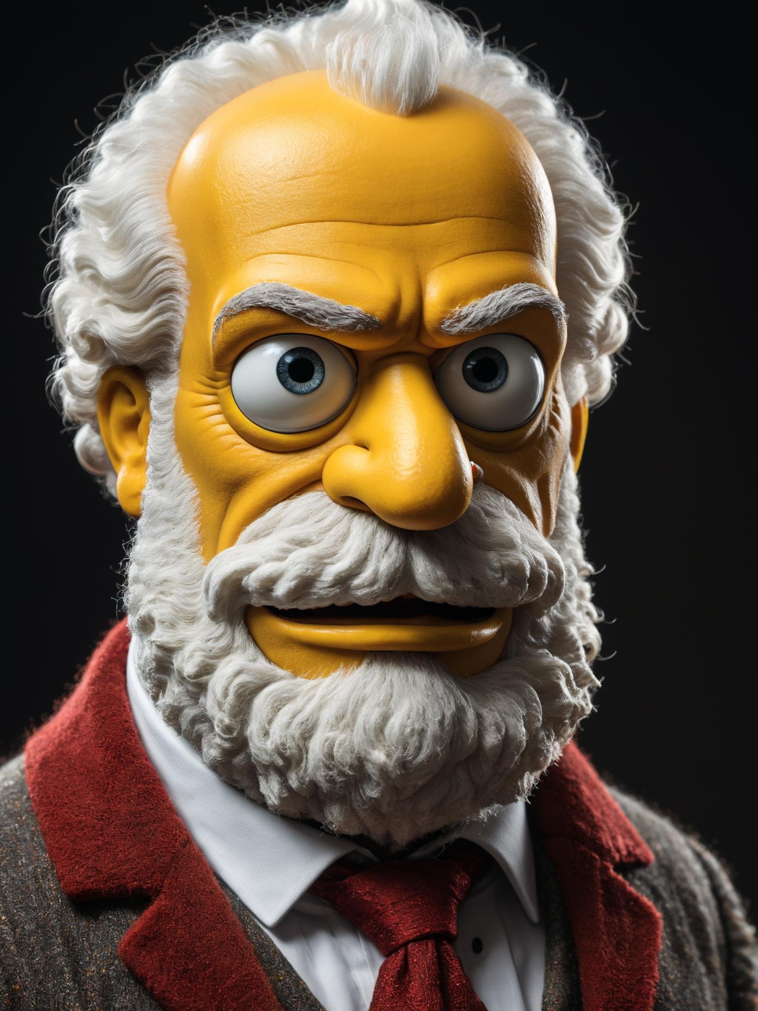 by Wim Wenders, santa, (Homer Simpson cartoon character, extreme closeup macro photography from the eye area, side view but beautiful:1.4), (intricate details, masterpiece, best quality:1.4) , in the style of nicola samori,hasselblad x2D 100c, ISO 300, 1/250s, F/2,8, 38 mm, extremely high quality RAW photograph, intricate, Exquisite details and textures, highly detailed, ultra detailed photograph, warm lighting, 4k, sharp focus, high resolution, detailed skin, detailed eyes, 8k uhd, dslr, high quality, film grain, Fujifilm XT3looking at viewer<lora:Y.A128-v2-1-1:0.7>