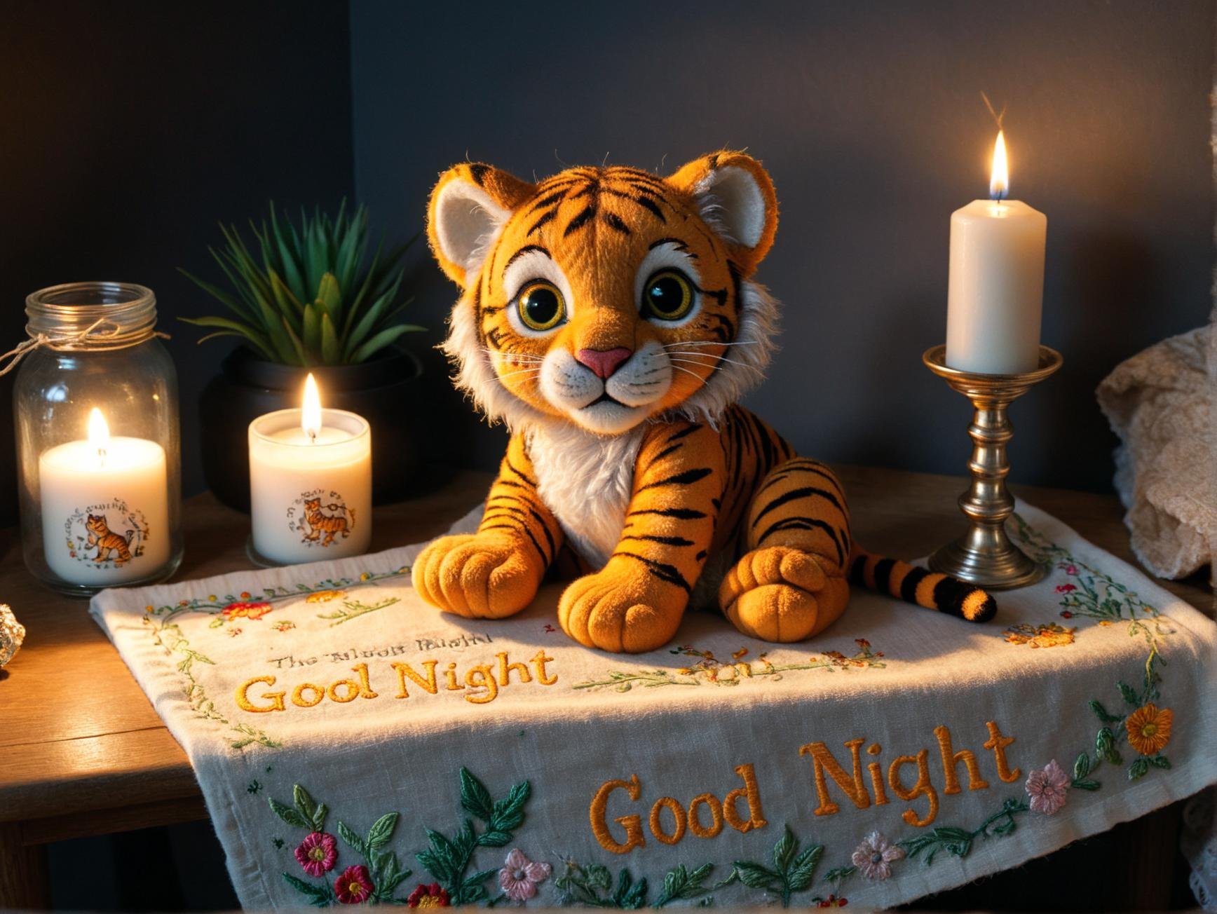 Resting on the kitchen table is an embroidered cloth with the text 'good night' and an embroidered baby tiger. Next to the cloth there is a lit candle. The lighting is dim and dramatic<lora:Y.A128-v2-1-1:0.9>